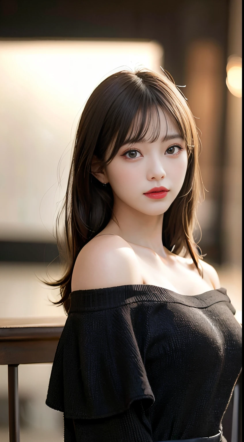 ((nighttime scene、Realistic light、Top image quality、8k、​masterpiece:1.3))、1girl in、Slim figure beauty:1.4、(Brown hair、middlebreast:1.3)、Off-shoulder cut top:1.3、sofas、Super detailed face、detailedeyes、二重まぶた、(((Upper body naked)))