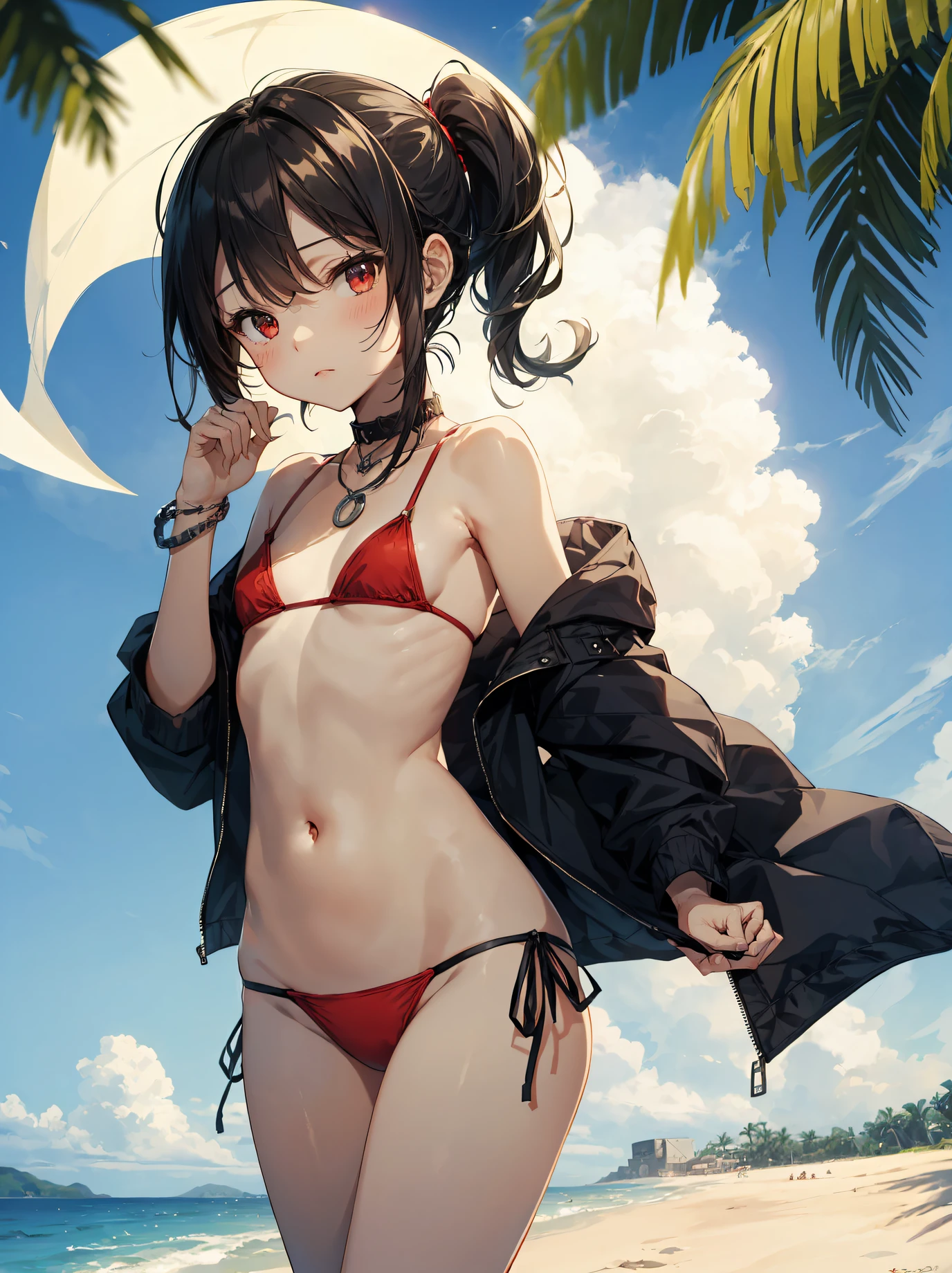 God quality, anime moe artstyle,best anime 8k konachan wallpaper,badass anime 16k,perfect anatomy, (Please draw A girl in a off shoulder bikini walking on the beach. :1.3),break, 1girl, (Solo,,child,12-year-old:1.5),(dark tan skin), Full limbs, complete fingers, long hair, silver hair, androgynous charm,flat chest, Small butt, groin, Small eyes,beatiful detailed red eyes,Ponytail, anklet, sun hat, in the rural beach. break,ultra-detailed,high resolution,super detailed skin, professional lighting,(god illustration:1.2),