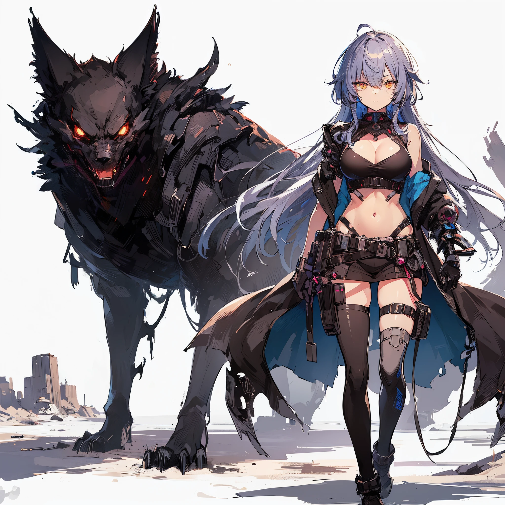 (masutepiece, Best Quality), (Perfect athlete body:1.2), (detailed hairs), Ultra-detailed, Anime style, Full body, Solo, cyberpunk female shaman, Brown skin, Highly revealing outfits, blue-silver hair and amber eyes, Accompanied by an evil shadow demon in the form of a wolf, Standing in the wasteland, 8K High Resolution, White background, ((Whole body))