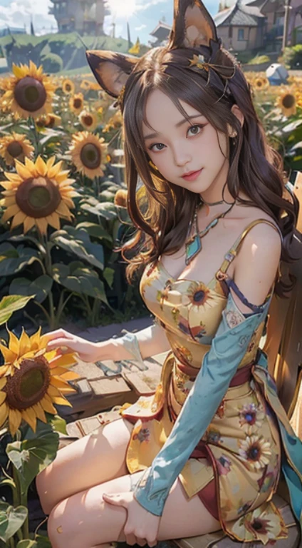 (masutepiece, Best Quality:1.3)
Yuna FF10,  1girl in, Solo, Heterochromia, Brown hair, Sitting in the sunflower field, Smiling, Sunlight