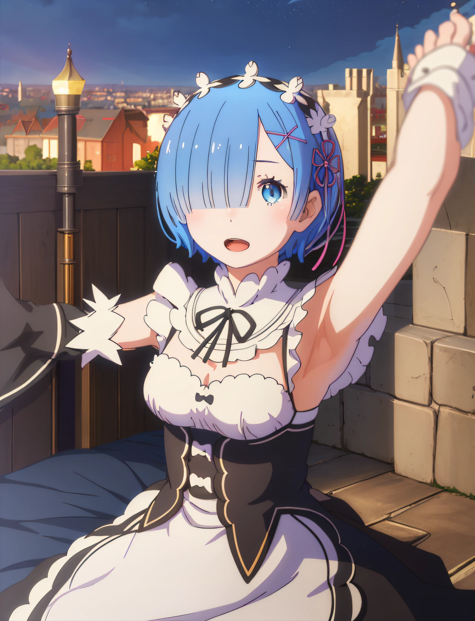 best quality, masterpiece, phRem, 1girl, blue hair, solo, maid, roswaal mansion maid uniform, looking at viewer, outdoors, open mouth, anime coloring, maid headdress, upper body,  light particles, light rays, high contrast, colorful, night, house, bed, armpits