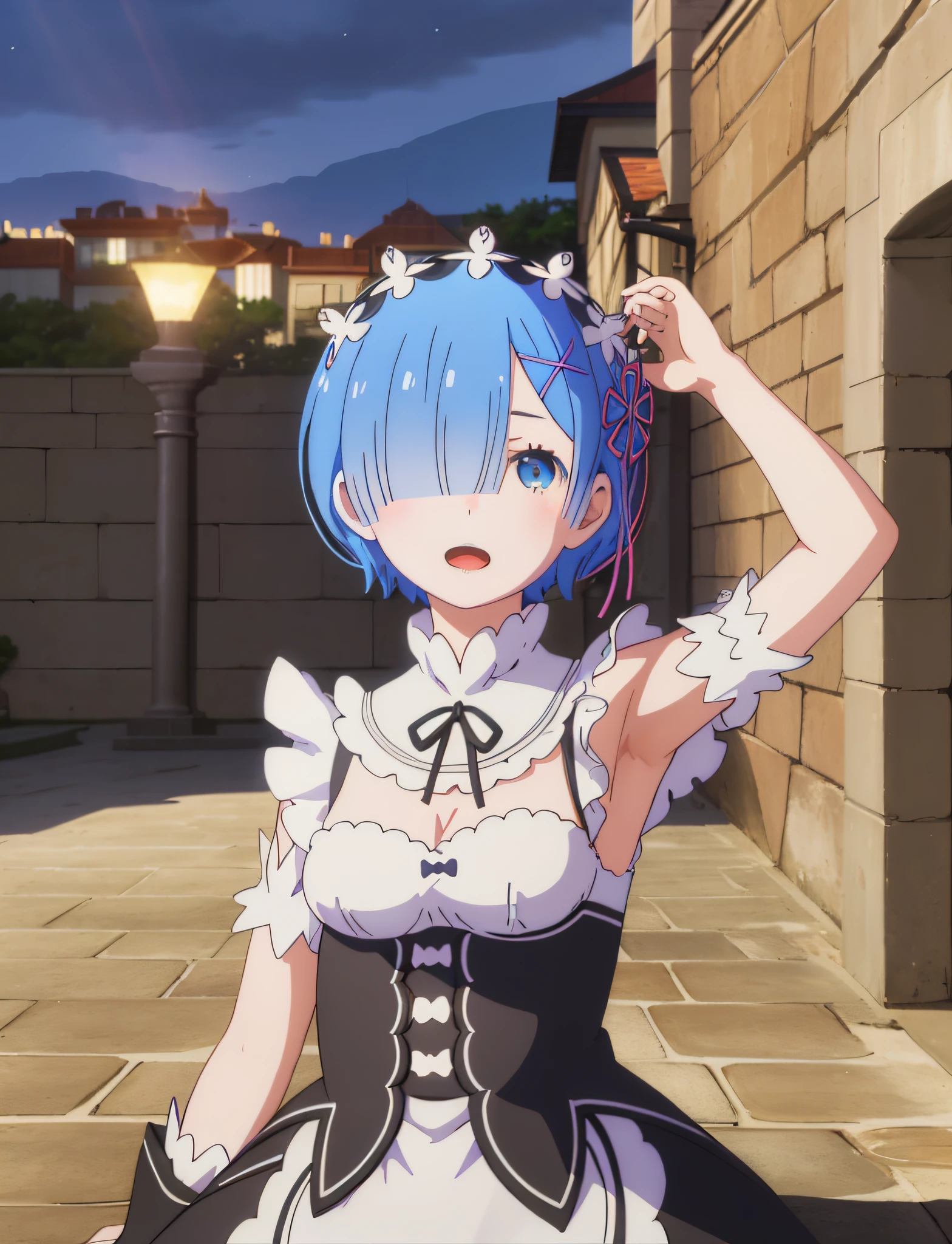 best quality, masterpiece, phRem, 1girl, blue hair, solo, maid, roswaal mansion maid uniform, looking at viewer, outdoors, open mouth, anime coloring, maid headdress, upper body,  light particles, light rays, high contrast, colorful, night, house, bed, armpits