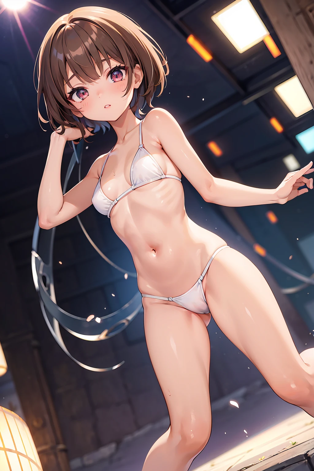 Product quality, ((1girl in)), Full body shot, Composition looking up at the subject from below, a Japanese young pretty woman, hyper pretty face, Brown hair shorthair, nakeness, Wet body, Glossy lips, Glamorous figure, ((a white bikini)), suggestive pose, You can see the shape of the, Double eyelids in both eyes, Natural makeup, long eyelashes, shiny smooth light brown hair, asymmetrical bangs, Tanned skin, central image, High resolution, high detailing, detailed hairstyle, Detailed face, spectacular movie lighting, Vibrant, Hyper realistic, Perfect limbs, Perfect Anatomy, tre anatomically correct,