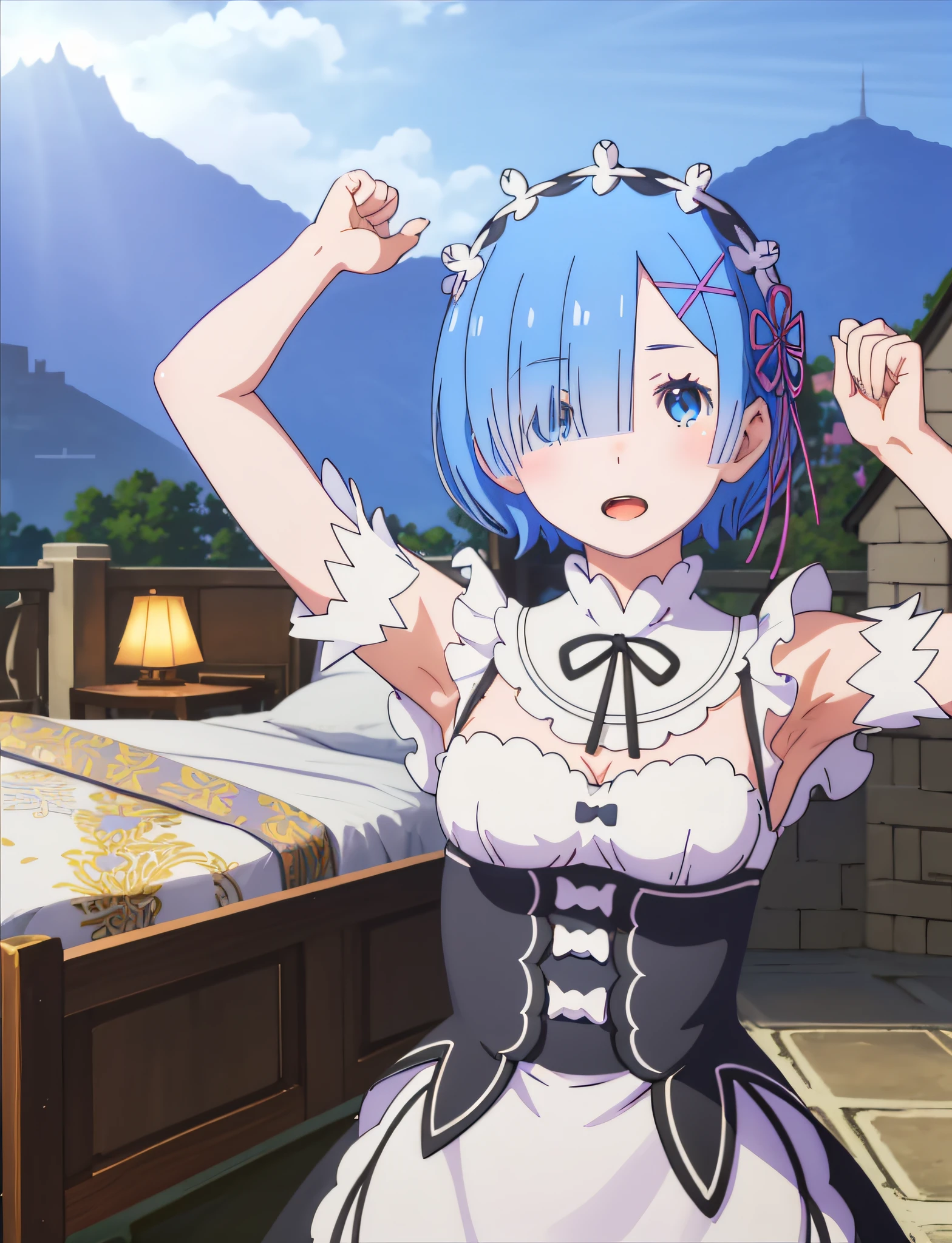 best quality, masterpiece, phRem, 1girl, blue hair, solo, maid, roswaal mansion maid uniform, looking at viewer, outdoors, open mouth, anime coloring, maid headdress, upper body,  light particles, light rays, high contrast, colorful, night, house, bed, armpits