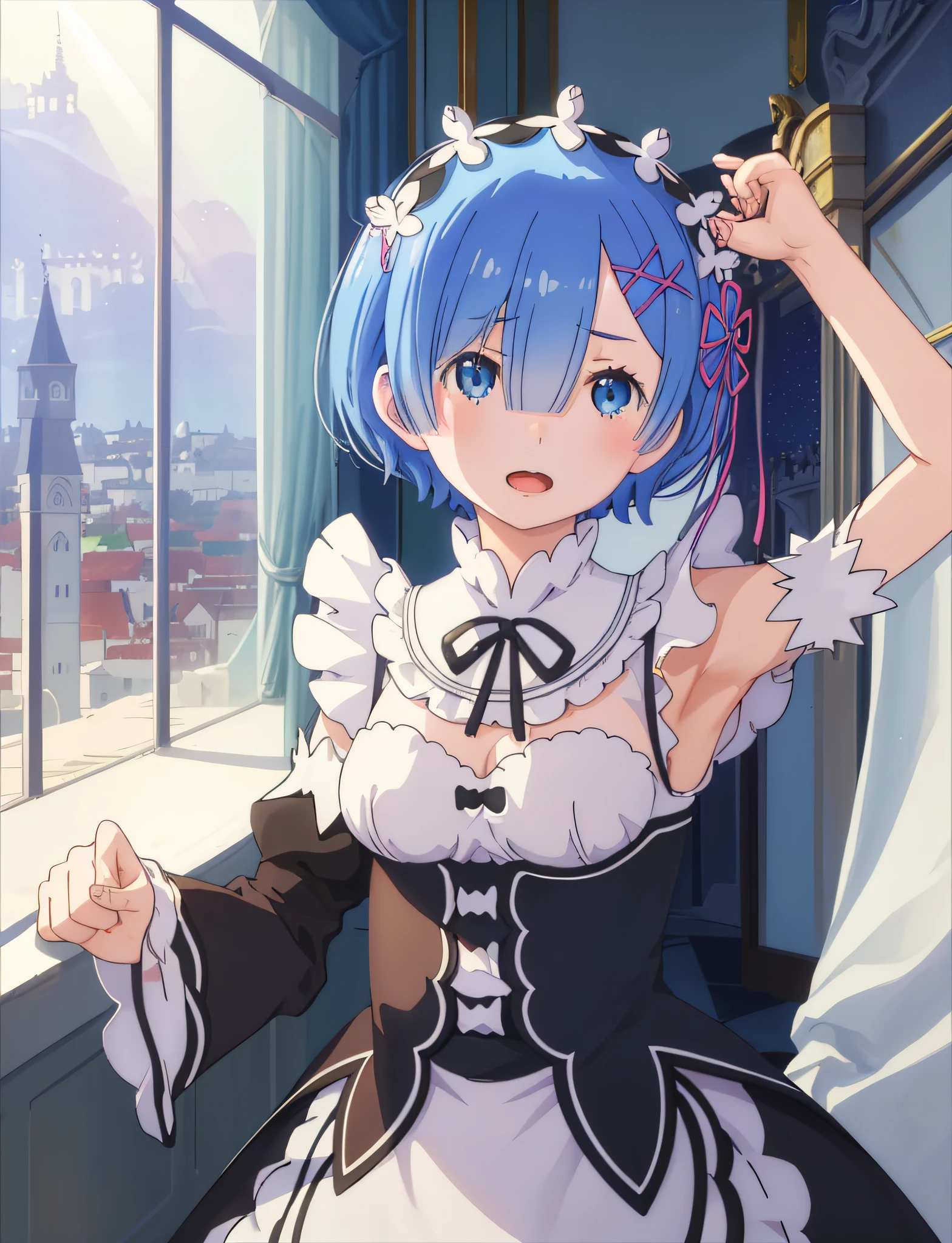 best quality, masterpiece, phRem, 1girl, blue hair, solo, maid, roswaal mansion maid uniform, looking at viewer, outdoors, open mouth, anime coloring, maid headdress, upper body,  light particles, light rays, high contrast, colorful, night, house, bed, armpits