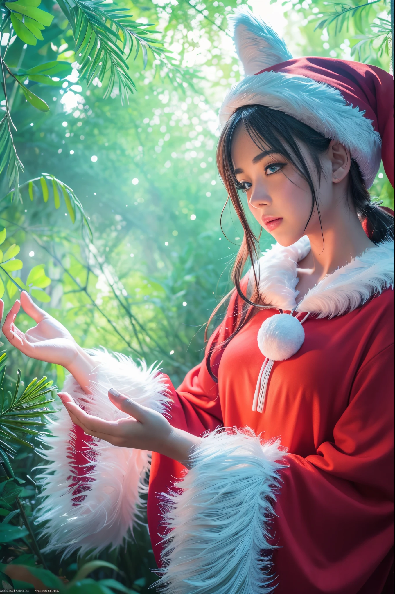 (Raw photo:1.2), (Photorealistic), Beautiful detailed girl, Very detailed eyes and face, Beautiful detailed eyes, Huge file size, High resolution, Very detailed, Best Quality, [masutepiece:1.6], Illustration, Very detailed, Fine detail, Best Quality, 8K Wallpaper, Movie Lighting,15 year old santa claus woman, Let&#39;s use magic in Ghibli Forest,  light magic, tropical rainforest,Beautiful face,  Santa Claus Dress, Santa Claus hat, mystical forest, A ray of light