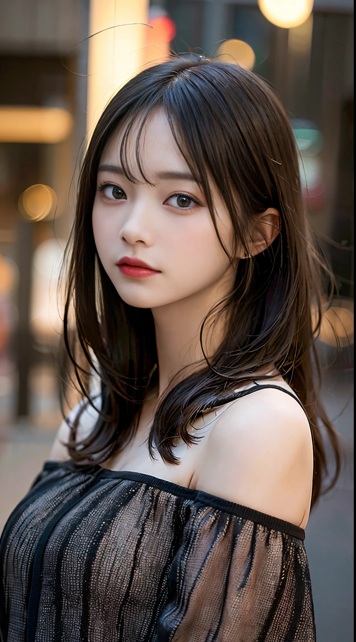 top-quality, masterpiece, 超A high resolution, (Realisticity: 1.4), OriginalPhotographs, 1girl in, Black off-shoulder, Cinematic lighting