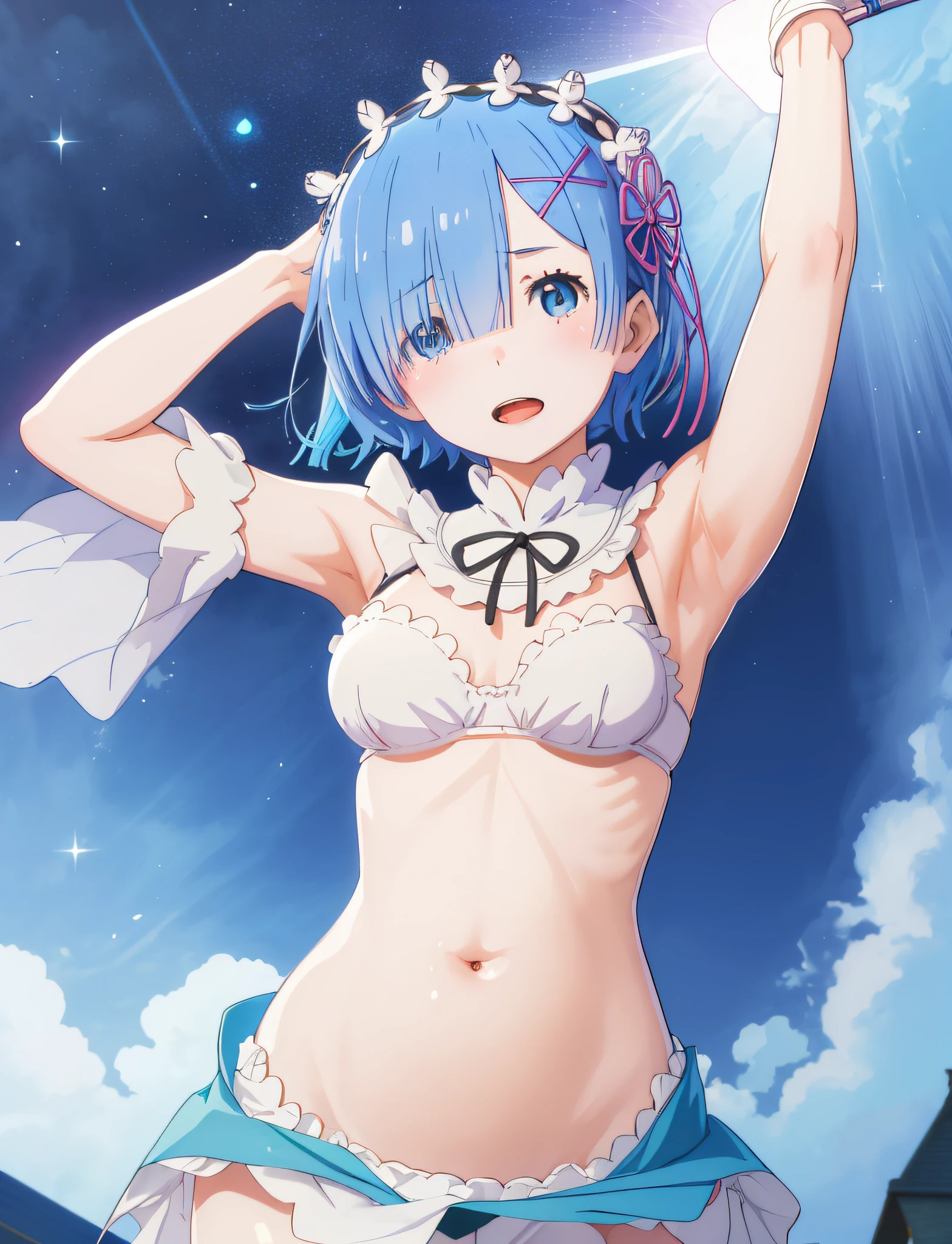 best quality, masterpiece, phRem, 1girl, blue hair, solo, maid, roswaal mansion, looking at viewer, open mouth, anime coloring, maid headdress, upper body, light particles, light rays, high contrast, colorful, night, house, bed, armpits, bikini, breasts, belly