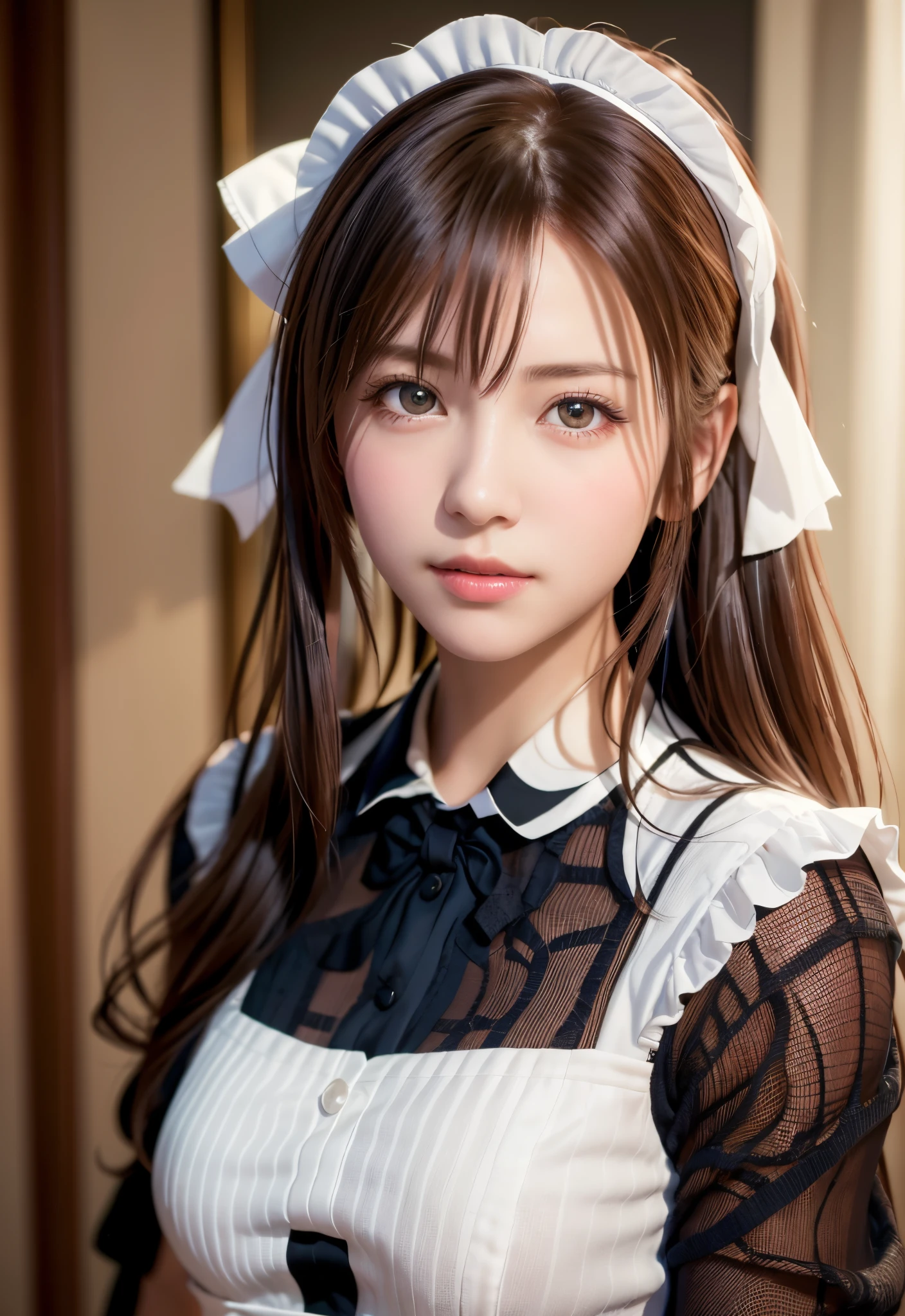 8K, of the highest quality, masutepiece:1.2), (Realistic, Photorealsitic:1.37), of the highest quality, masutepiece, Beautiful young woman, Pensive expression,、A charming、and an inviting look, Cute Maid Clothes, Hair tied back, Cinematic background, Light skin tone