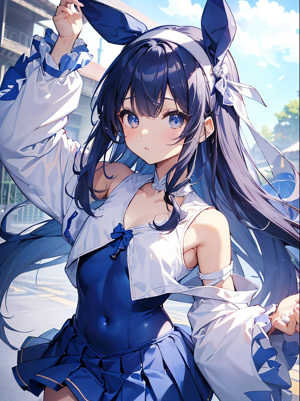 ((2D Beautiful Girl：1.5、top-quality：1.5、perfect fingers:1.1、perfect anatomia:1.1、Perfect outfit、face perfect：1.5、Beautiful illustration))、cute petit girl、(transform sequence)、((cute decorative headband、A cute white and blue cheerleader-style leotard))、10yaers old、Solio、hime、Fractal Art、baby-face、((stright long hair))、Beautiful big drooping eyes、hanikami、（full-shot）、((1人))、Schoolyard with blue sky in the background、A dark-haired、Standing facing the front