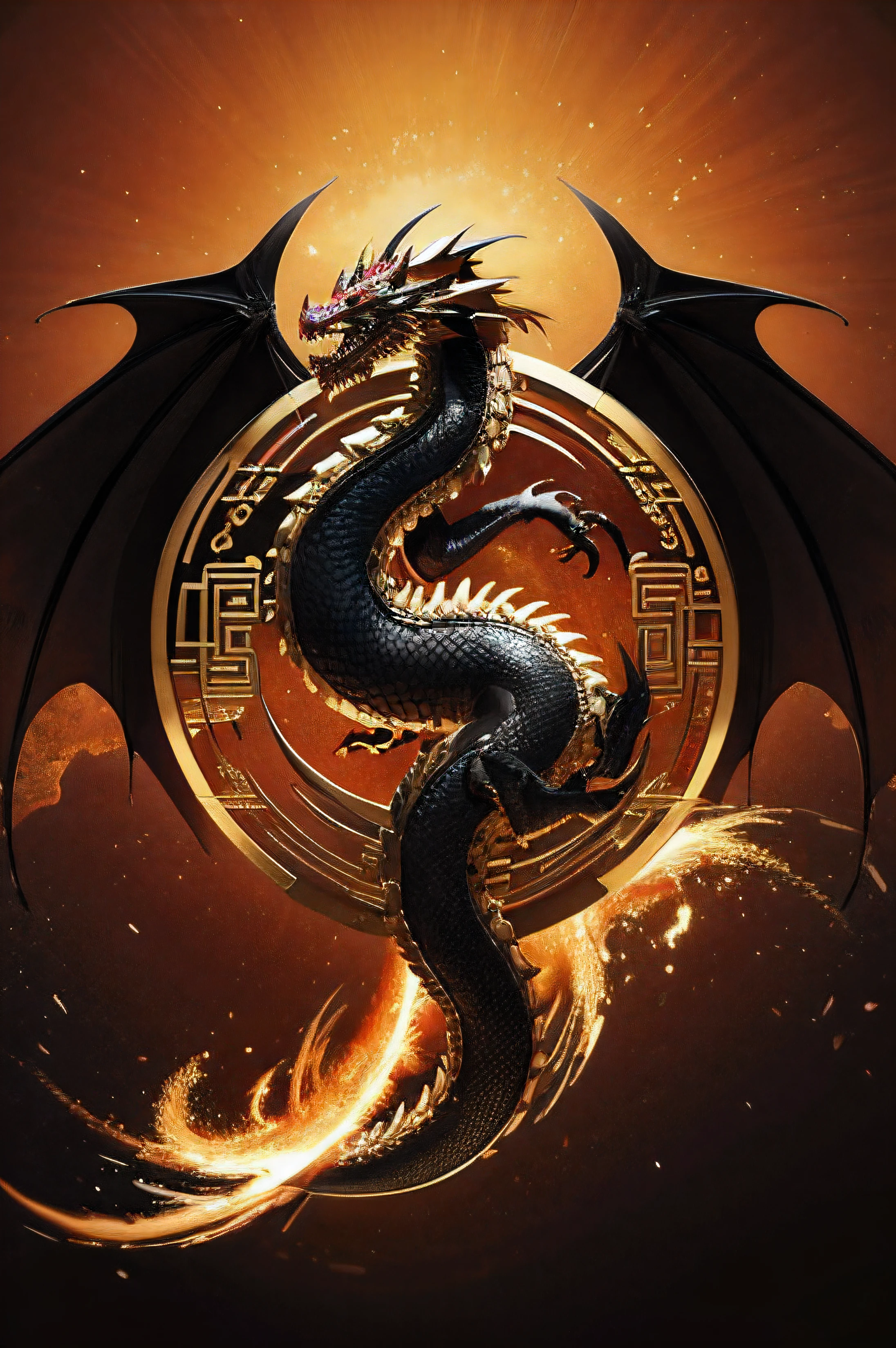 High-definition realistic Chinese dragon background with black dragon body and golden body entwined together