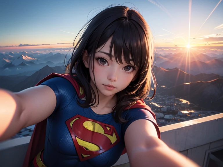 Super precise realistic style illustration、Sunset at an altitude of 10,000 meters、A beautiful Superman girl taking a selfie while floating in the sky at high altitude