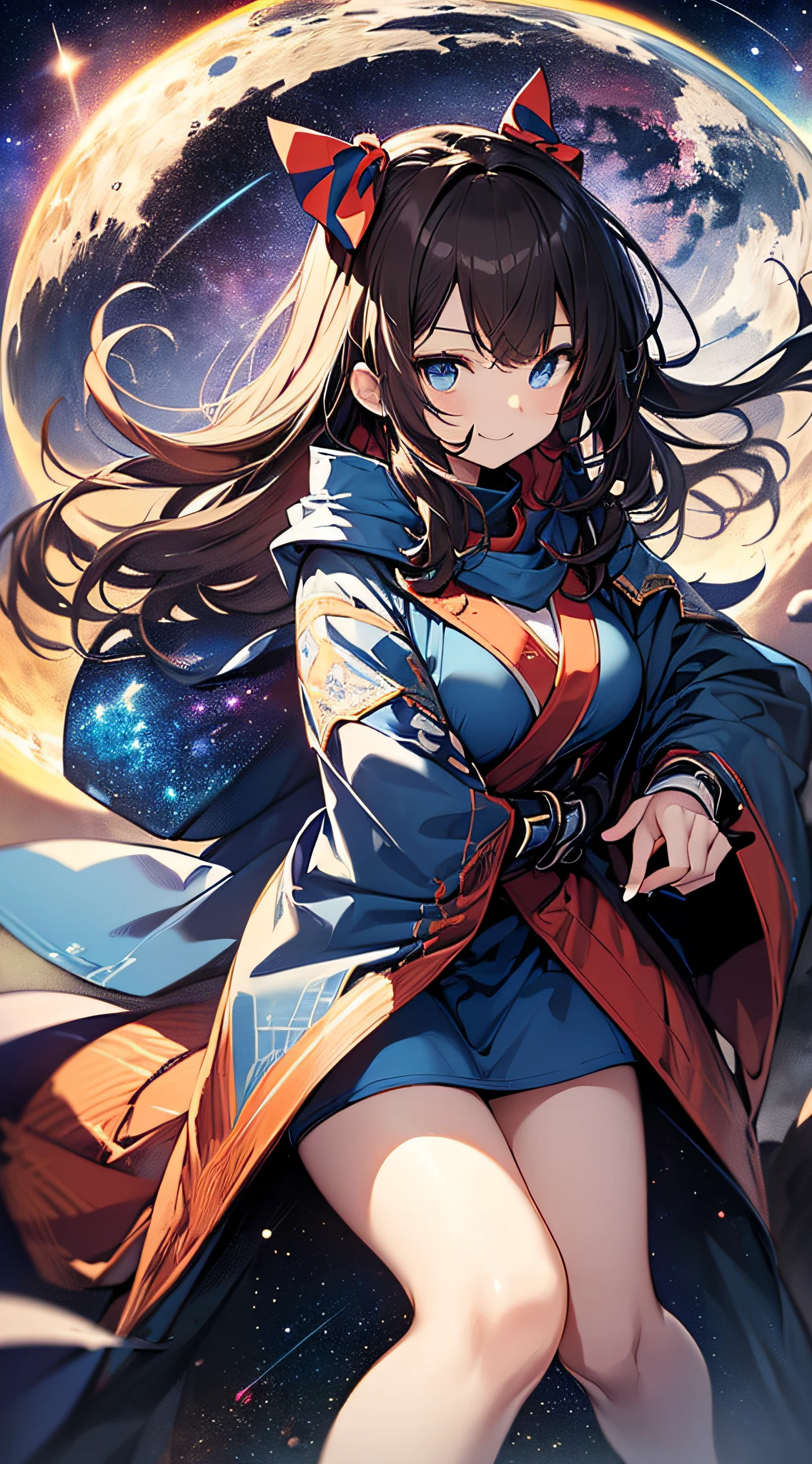 top-quality、Top image quality、masterpiece、girl with((sixteen years old、teen ager、cute little、Best Bust、big bast,Beautiful blue eyes、Breasts wide open, Dark hair、red hairs、Longhaire、A slender,Large valleys、,Black underwear、A smile、floating state、blue cloak、Black wristband、bare-legged、holding bow and arrow、Hachimaki)),hiquality、Beautiful Art、Background with((space night sky、spaceships、mid air)))、,masutepiece、visualart、depth of fields、