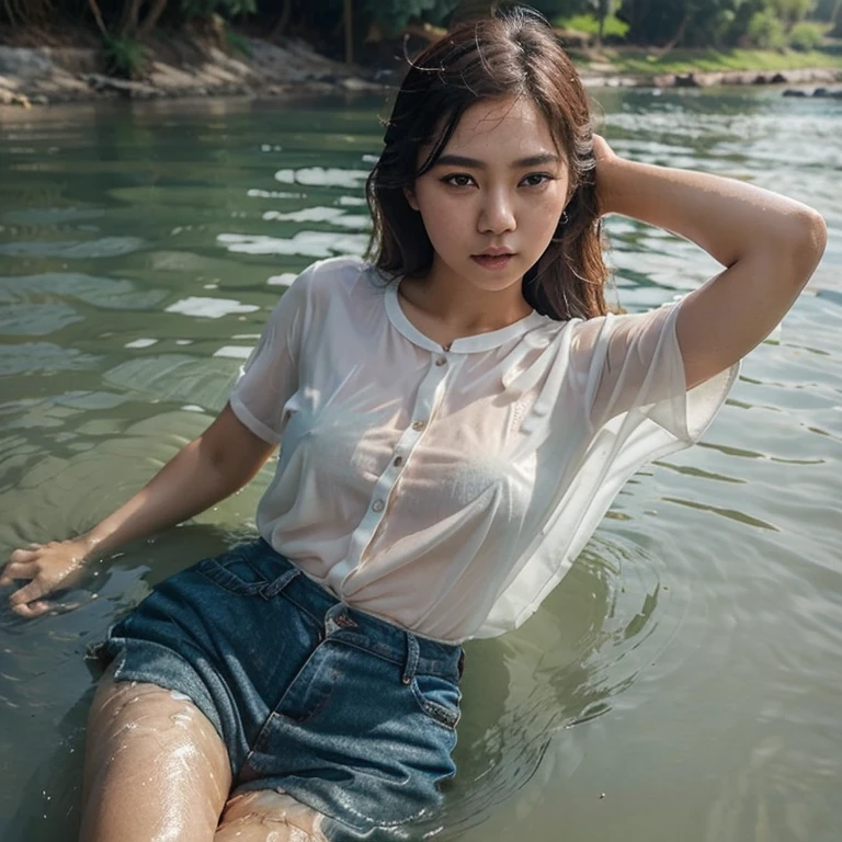 Pretty Thai girl 20y wear see through shirt swimming in the river, realistic highly details