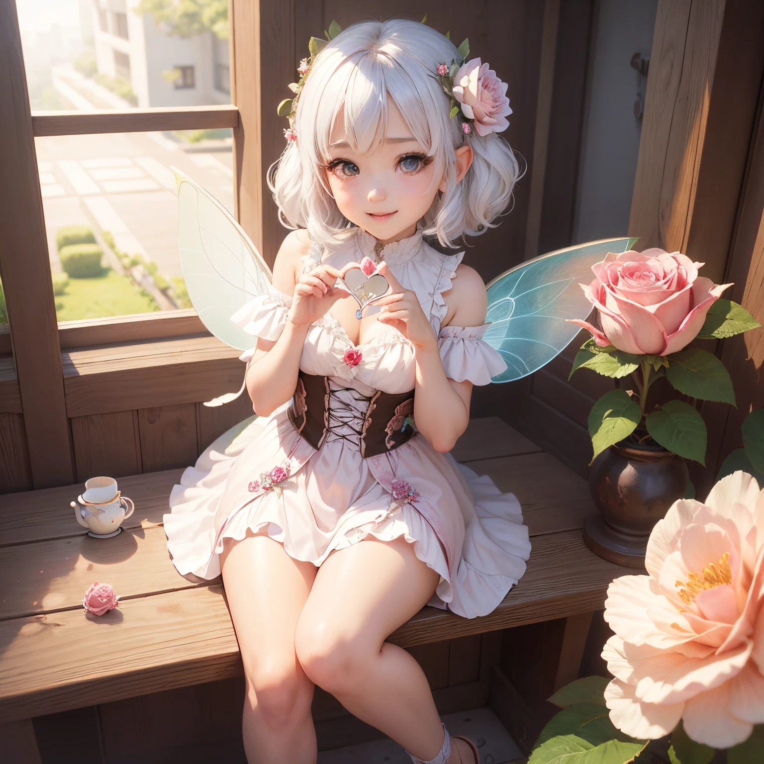 ​masterpiece、top-quality、ultra-detailliert、(Chibi Chara Fairy:1.2)、Heart motif、Inome、white  hair、Open your mouth and smile、Standing、Sit on a realistic rose flower、The background is a simple Heart motif Fly