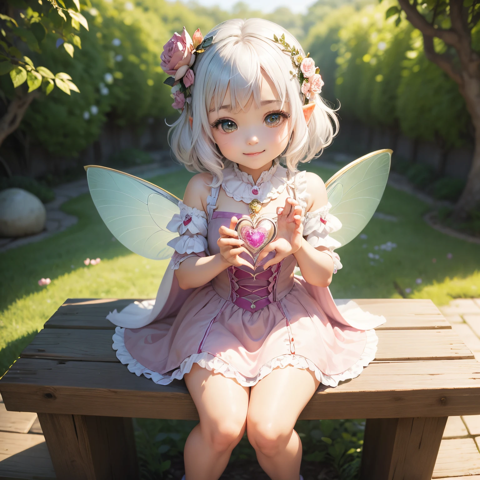 ​masterpiece、top-quality、ultra-detailliert、(Chibi Chara Fairy:1.2)、Heart motif、Inome、white  hair、Open your mouth and smile、Standing、Sit on a realistic rose flower、The background is a simple Heart motif Fly