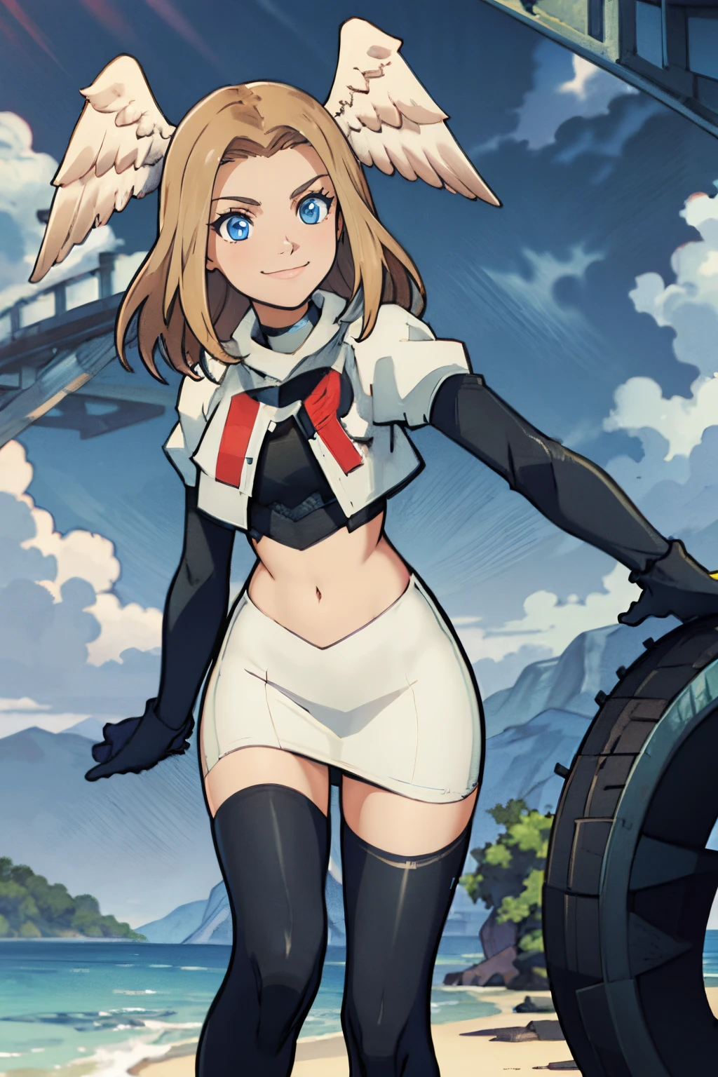 eunie, black choker, head wings ,team rocket uniform, red letter R, white skirt,white crop top,black thigh-highs,black elbow gloves, smile, blue eyes