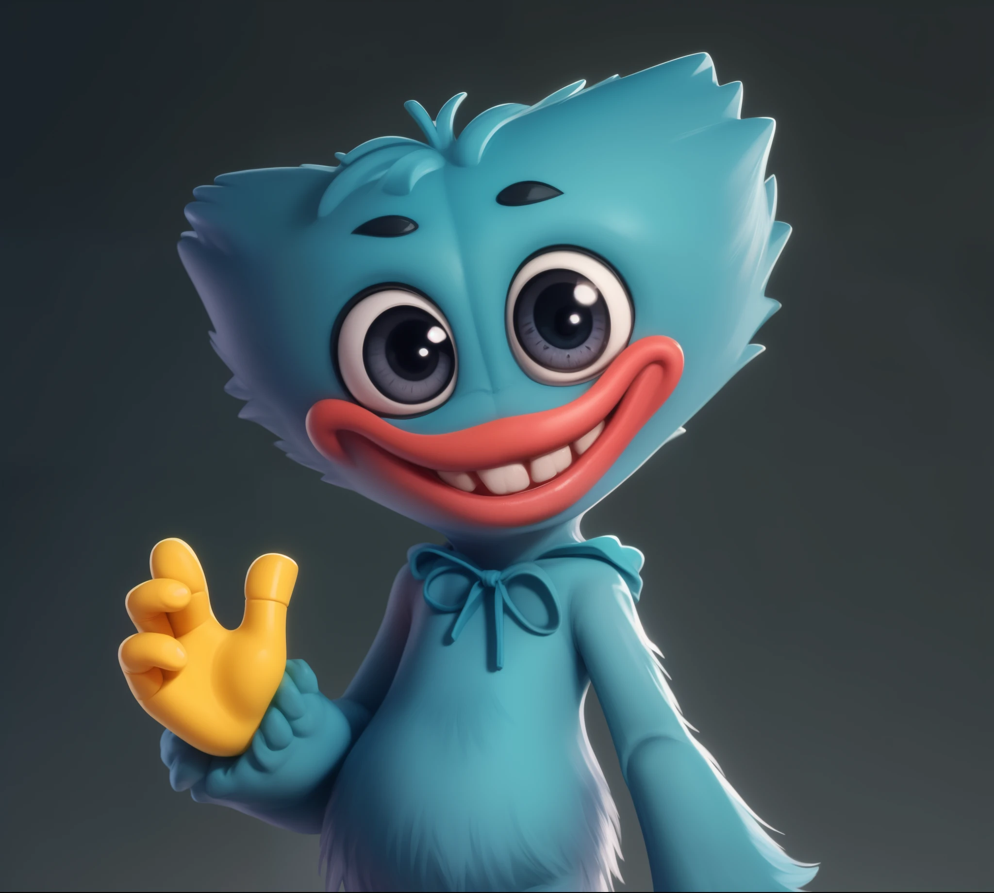 1boy, solo, male, Huggy Wuggy, monster, blue fur, blue body, black eyes, big eyes, red lips, thick lips, teeth, hair tuft, long arms, yellow hands, 3 fingers, yellow feet, standing, casual, smile, closed mouth, cute, (masterpiece, highly detailed:1.3),