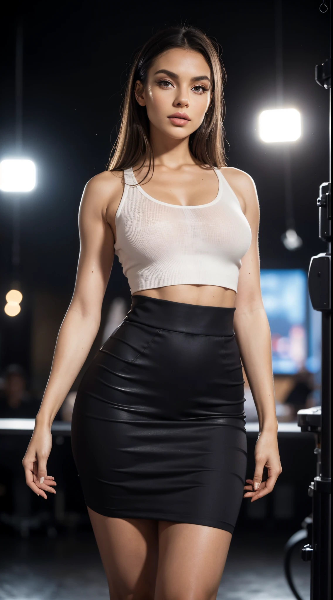 full body of 25yo European woman, brown hair, serious, (amazing skin detail: 1.4), (natural skin: 1.2), (pores: 0.6), makeup, (detailed eyes: 1.2), black background, studio, light border, dark atmosphere, (bokeh: 1.2), photography, cinematic, photorealistic, ultrarealistic, fit girl, skintight top, skirt, perfect figure