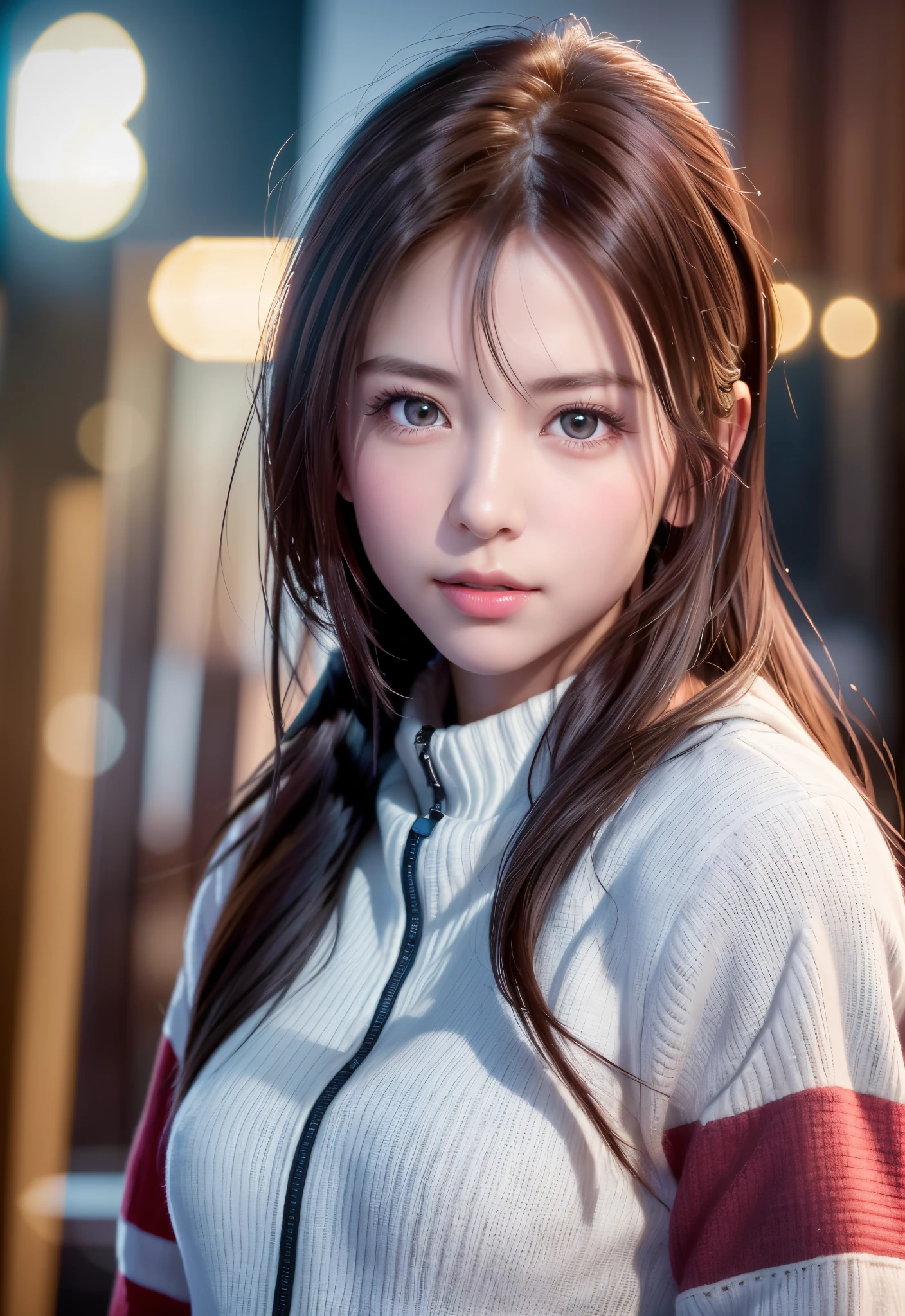 8K, of the highest quality, masutepiece:1.2), (Realistic, Photorealsitic:1.37), of the highest quality, masutepiece, Beautiful young woman, Pensive expression,、A charming、and an inviting look、snowboarder、Ski Wear, Hair tied back, Cinematic background, Light skin tone、snowscape