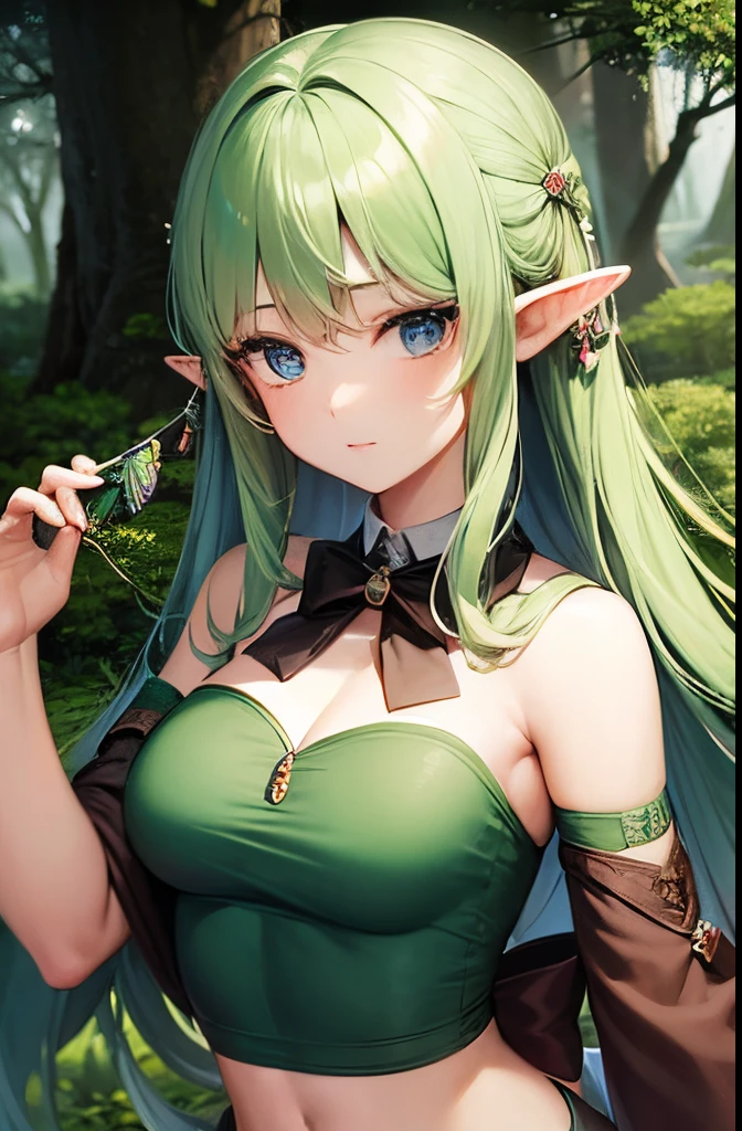 A Woman Elf in a Forest Dressed in a Forest Range Attire with Arrows and a Bow, On A Tree, Perfect Body , Perfect Face, HD