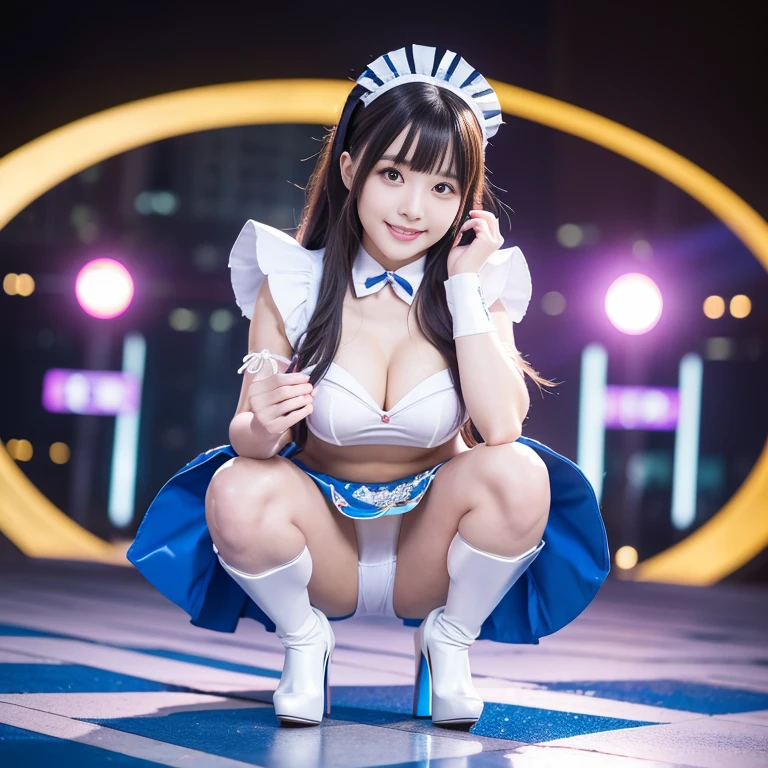 (1girl),(solo:1.5), upper body, front view, from front, 85 mm, Official art, Raw photo, Photorealistic, unbelievable Ridiculous, masutepiece, Best Quality, 8K, hight resolution, extremely detailed girl, extremely detailed beautiful face, Beautiful skin, a close up of a woman in a costume holding a skirt, cosplay, cosplay photo, sakimichan, anime girl cosplay, anime cosplay, ornate cosplay, cosplay of blue and colorful maid dress, full subject shown in photo, smile, (Skirt flips up and shiny panties are visible:1.3), (shiny white panties:1.4), chromatic abberation, Sharp Focus, face lights, Dynamic lighting, Cinematic lighting, (high heels:1.5), (squat:1.4),