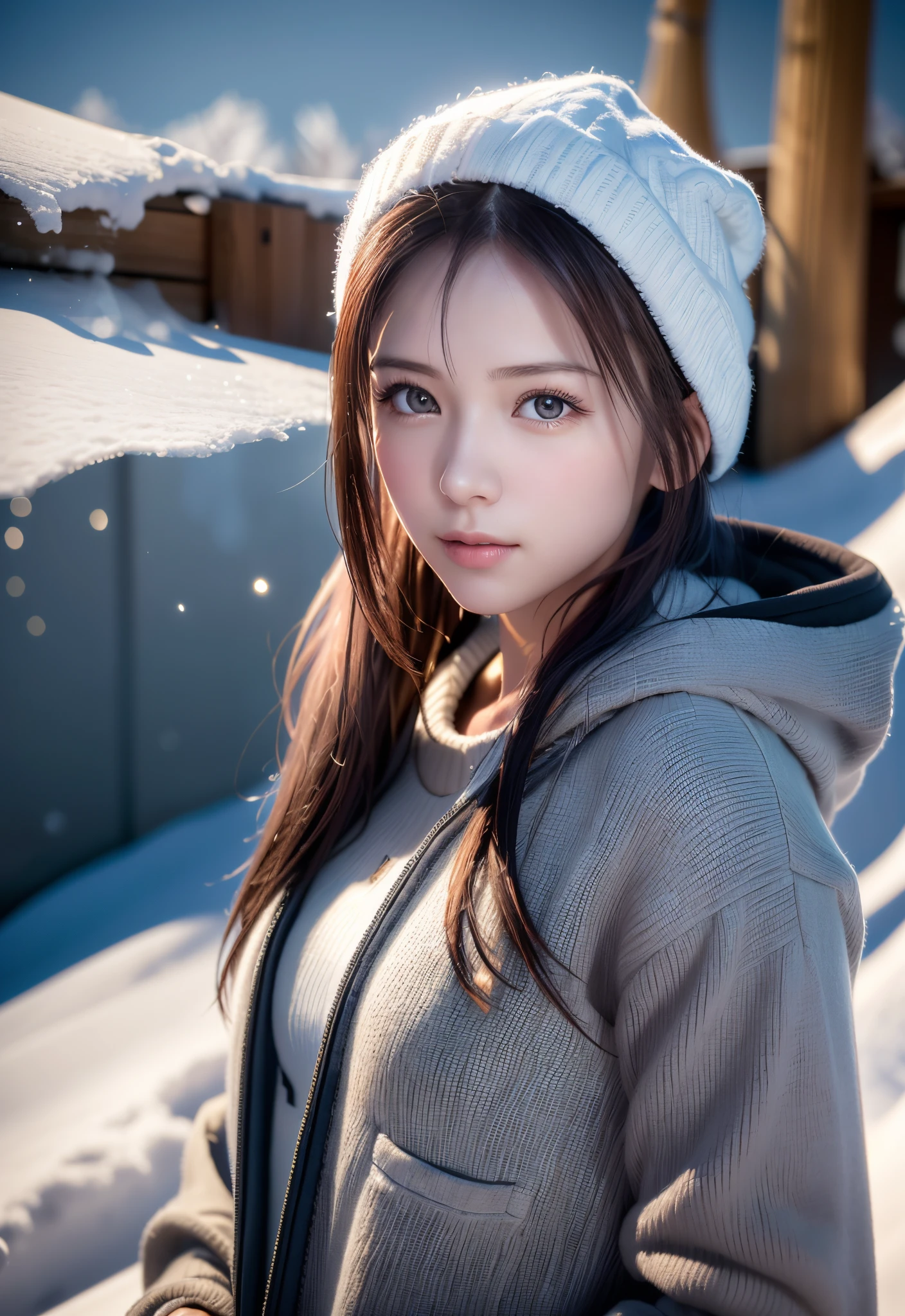 8K, of the highest quality, masutepiece:1.2), (Realistic, Photorealsitic:1.37), of the highest quality, masutepiece, Beautiful young woman, Pensive expression,、A charming、and an inviting look、snowboarder、Ski Wear, Hair tied back, Cinematic background, Light skin tone、snowscape