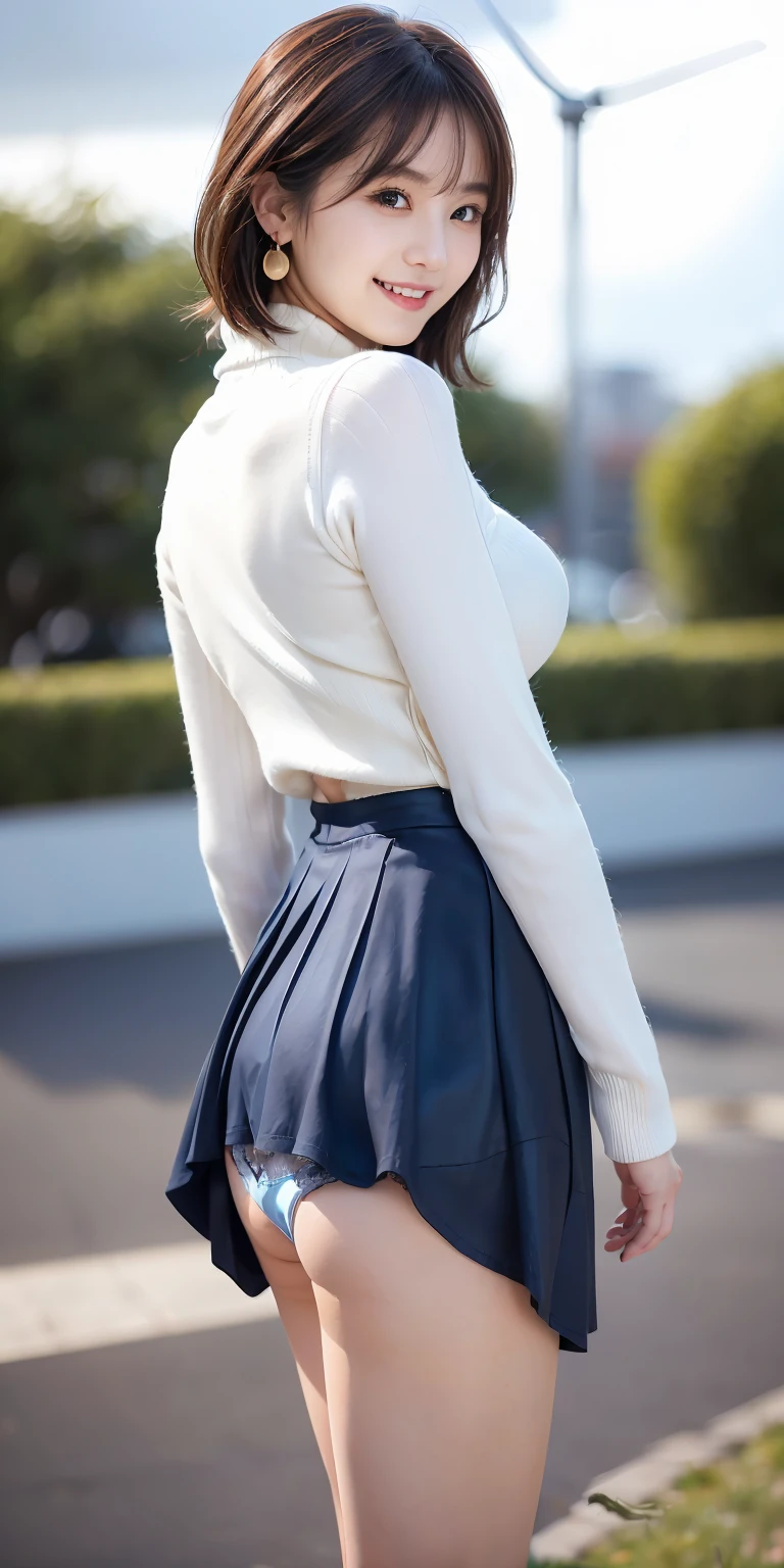 Female, 20 years old, short black wavy hair、bangss、Puffy nipple、(White Turtleneck Knit)、(Blue long skirt), Black stockings、Medium milk, cute smile face、((Poses that emphasize the buttocks、turned around))、sexy hips、Black High Heels、Big necklace、((((The wind blew my skirt up, exposing my panties...))))、(Light blue lace panties)、Cute earrings、(Tilt your head slightly)