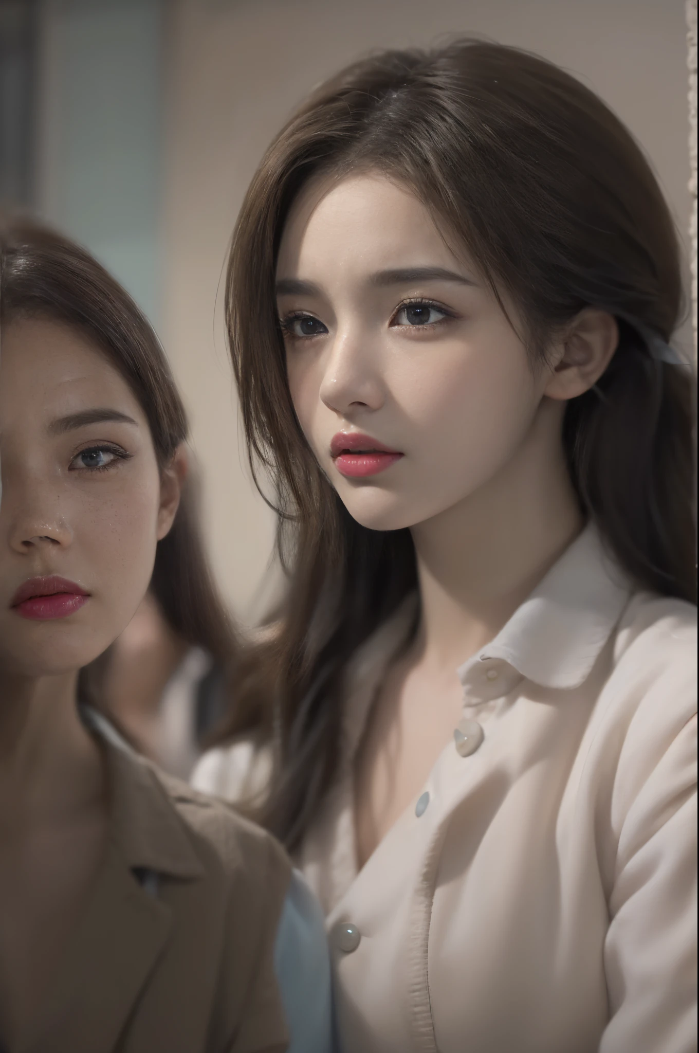 Create a photo of your friend crying in the office. A woman in a professional suit is shown comforting a crying friend..... Capturing the emotions and nuances of the moment, Emphasize cooperative interactions between two characters. Pay attention to facial expressions, body language, Overall atmosphere of the office environment. Use artistic interpretation to convey empathy and reassurance.((top-quality、8K、masterpiece:1.3))、(((1girl in)):1.3),((anatomy correct):1.45)、(Full body:1.5)、(((28 year old)))、foco nítido:1.2、(realisitic、Photorealsitic:1.37)、(brunette disheveled hair:1.3)、Gaze towards the viewer、Beautiful Face Woman、28 year old、pointed chest、long eyeslashes、Colorcon、Big 、delicated、Very detailed eyes、Highly detailed eyebrows、(Sharp Eyebrows)、(Thin eyebrows)、very vey very detailed face、beautidful eyes