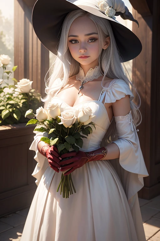 a beauty girl Colossal tits White hair Luxurious dresses dame younger sister eleonora jewely long skirt veils a flag Maid Smile Flower bouquet Pedras preciosas treasures Luxurious necklace