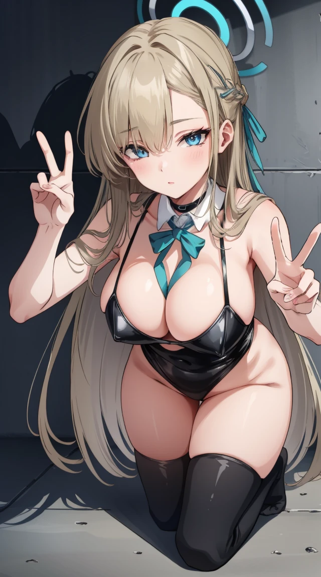 (A high resolution), (Ridiculous resources), (Best quality), (high high quality), (tmasterpiece), 1 plump girl, Asuna, eBlue eyes, Long gray hair, The halo, hair covering one eye, Very long hair, Light brown hair, (Large breasts, The cleavage is larger), Latex high socks, Red latex stockings, praying hands logo, looking at viewert, 8K HD RTX, Delicate finger detailing,obscene exposure，Slim figure，