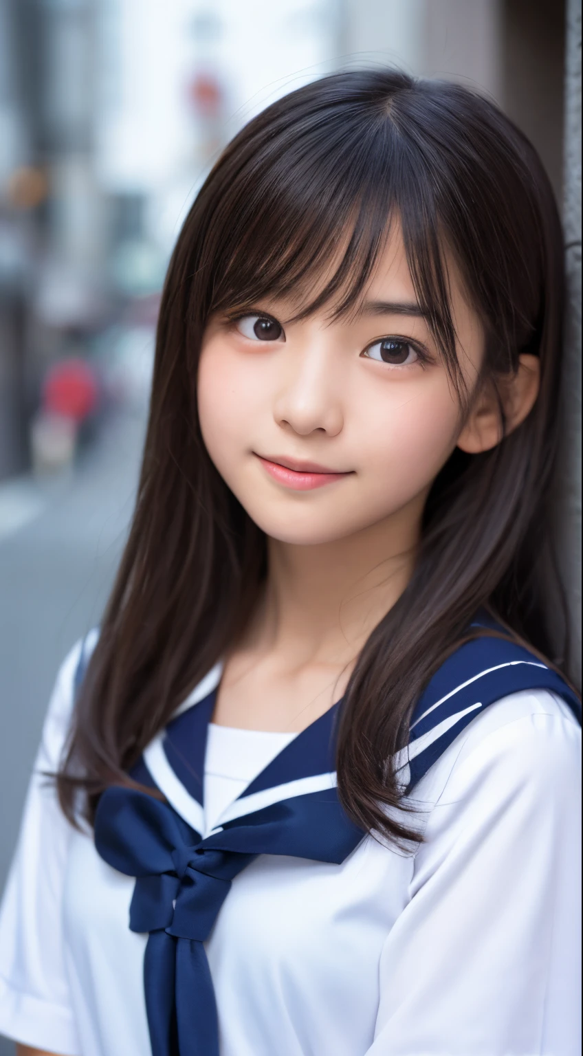 lens: 135mm f1.8, (highest quality),(RAW Photos), (Tabletop:1.1), (Beautiful  Japanese girl), Cute Face, (Deeply chiseled face:0.7), (freckles:0.4), (Japanese School Uniform), (In the classroom), shy, (Close-up shot:1.2), (smile), (sunlight), Navy blue sailor suit, Long sleeve