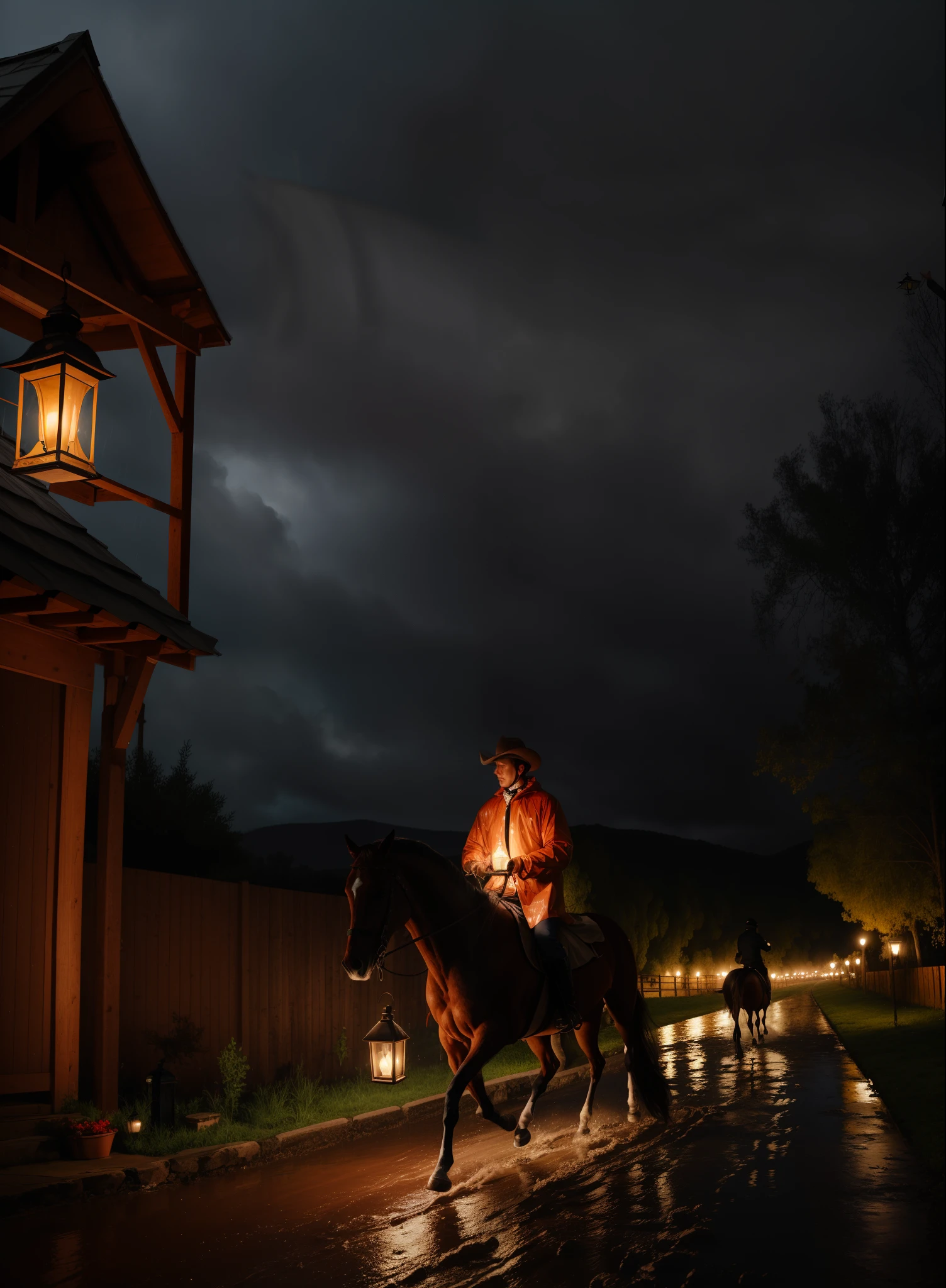 Doctor riding horse in the rain with raincoat. He is holding a lantern and has a medicine back strapped on.