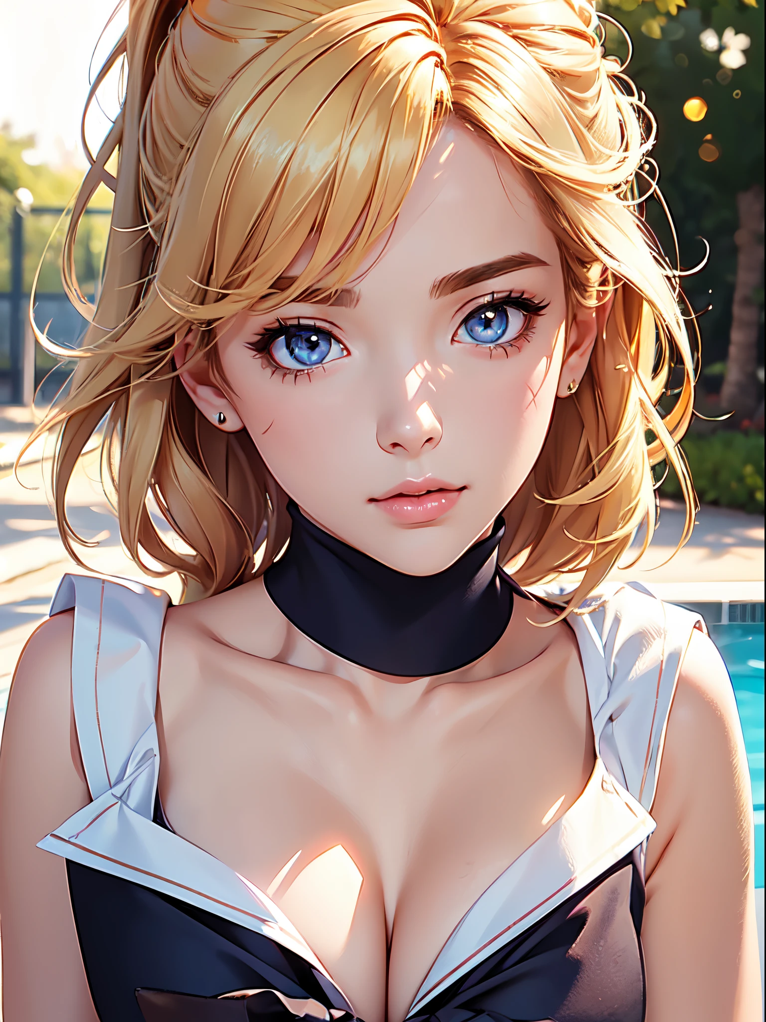masterpiece, best quality, high quality, High definition, High quality texture, High quality shadow, high detail, beautiful detailed, finely detailed, extremely detailed cg, detailed texture, a realistic representation of the face, realistic, colorful, delicate, Cinematic Light, sidelighting, Lens Flare, Ray tracing, sharp focus, (intricate details, makeup, PureErosFace_V1:0.5), (detailed beautiful delicate face, detailed beautiful delicate eyes, a face of perfect proportion, high detailed skin, detailed skin, best ratio four finger and one thumb, upper body shot, (large breasts), (cleavage), ((Smooth texture, Realistic texture, Photorealistic)), (Detailed beautiful eyes, Beautiful eyelashes, emerald eyes), (blonde semi long hair, ponytail), 1 woman, at poolside, (((sailor shirt, Sleeveless, Open front))), (Beautiful face, Cute face, Detailed face), (((Sunny))), Perfect Eyes Eyes