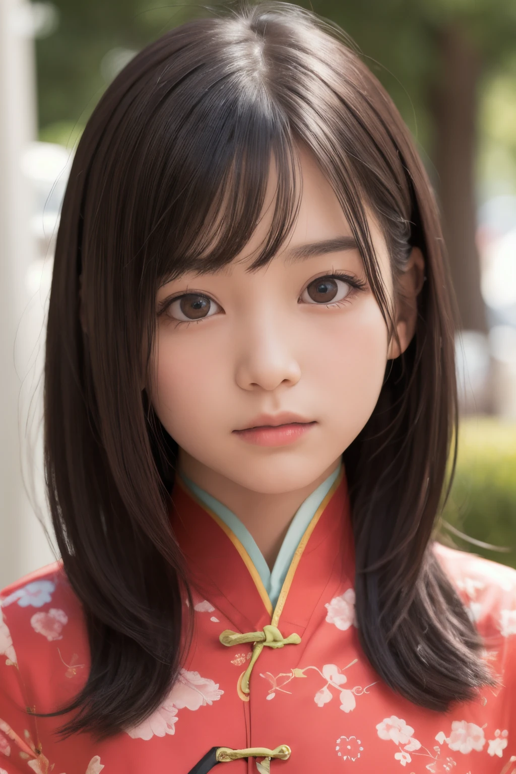 masutepiece, Best Quality, One girl, (a beauty girl, Delicate girl:1.3), (13 years old:1.3), Very fine eye definition, (Symmetrical eyes:1.3), (streetview:1.2), (qipao dress:1.3), Small breasts, Brown eyes, Parted bangs, Brown hair, chiquita, (Eyes and faces with detailed:1.0), (Upper teeth, Best Smile:0.1), (close up to face, Enlarge your face, Face Focus:1.0)