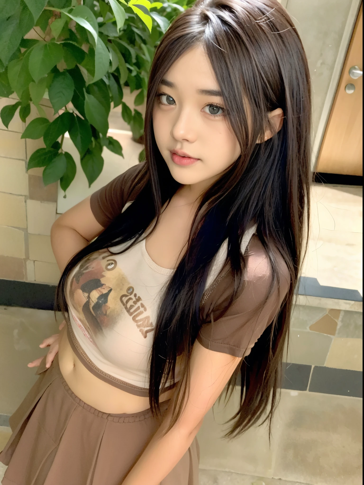 1个Giant Breast Girl, Alone, Brown eyes, Brown hair, long whitr hair, looking at viewert, 校服, tmasterpiece ,The upper part of the body