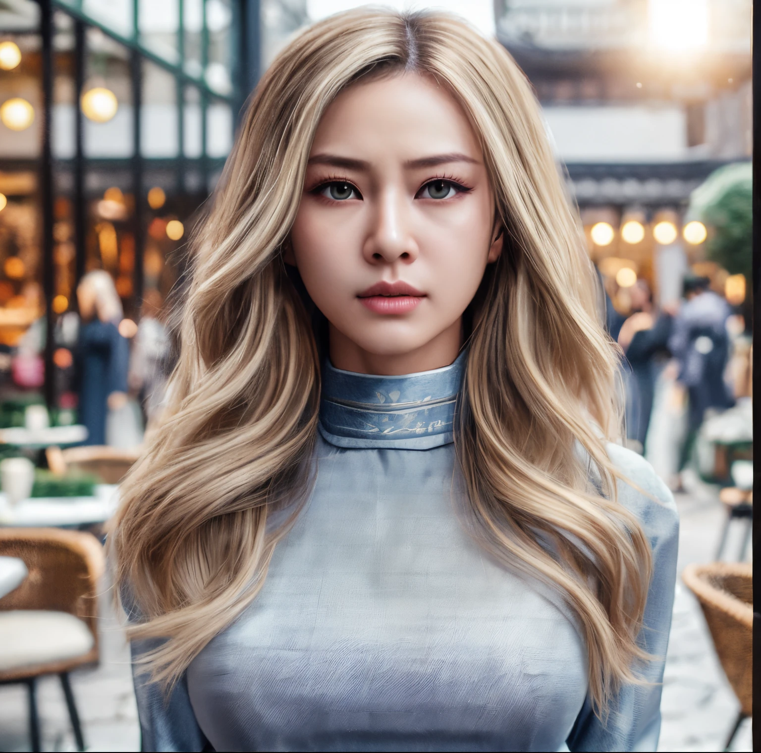 (Cowboy Shot、Highest quality、8k、Award-winning works、Ultra-high resolution)、One beautiful woman、(The perfect, most natural grey long sleeve sweater:1.1)、(blonde:1.1)、Bright color contacts、Perfect Makeup、Bright and shiny lipstick、(Very heavy makeup:1.2)、(Deep pink around the eyes:1.1)、Beautiful bright eyeshadow、Heavy makeup around the eyes、(Huge breasts:1.2)、Semi-long, wavy hair、(Romantic affection:1.1)、The best smile when you see me、(Most of them emphasize the body line.:1.1)、(Strongly blurred vibrant Harajuku city background:1.1)、(Strongly blurred background:1.1)、Accurate anatomy、Ultra HD Hair、(Ultra-high resolutionの完璧な美しい歯:1.1)、Ultra-high definition beauty face、Ultra HD Hair、Ultra-high definition sparkling eyes、輝くUltra-high resolutionの美肌、Ultra-high resolutionの艶やかな唇