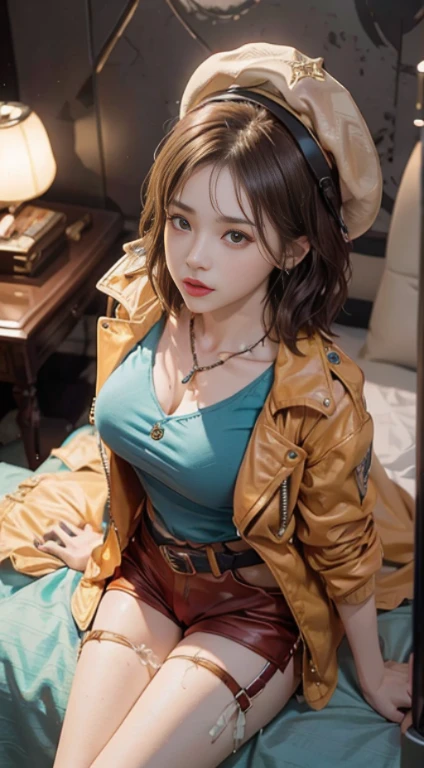 masterpiece, ((best quality)), 4K, ultra-detailed, photorealistic, (lora:more_details:1.5), (1 girl), (full body), (from below), (squatting), (look at the viewer), (looking down), (A fascinating eye for perfect detail:1.2), (provocative smile), (blue eyes), (big breasts), (breasts out), (wet shiny body), (race queen costume), ((yellow cropped jacket)), ((black short skirt)), (black high heels)