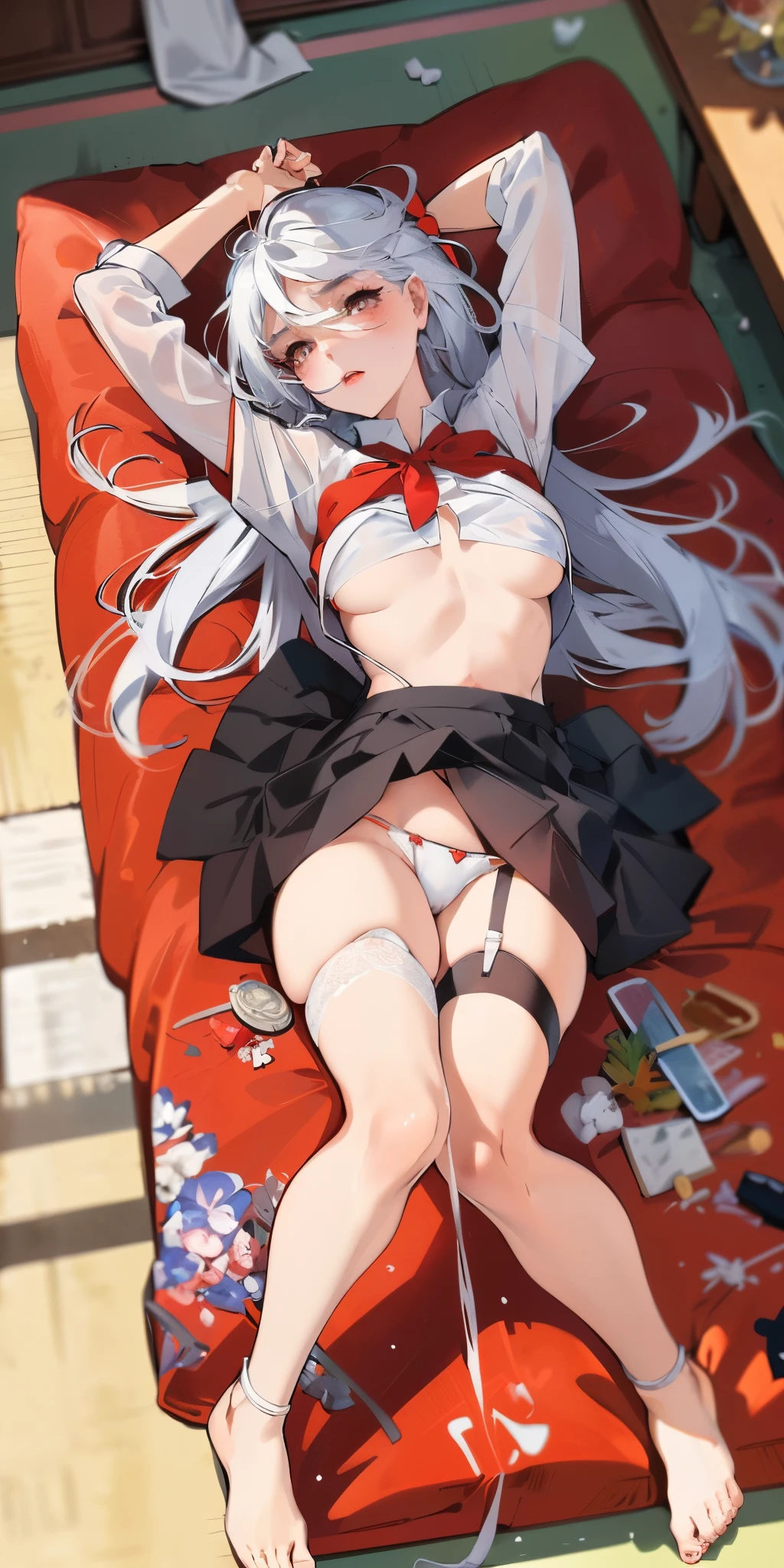 Masterpiece, top quality, high resolution, solo, indoors, white shirt, black skirt, red ribbon, undressed, side tie thong, lying down, from above, open arms, ((shy)), ((spread legs up)), silver long hair, bed, disheveled clothes, heavy breathing, sexual expressions, white underwear, white panties, large breast