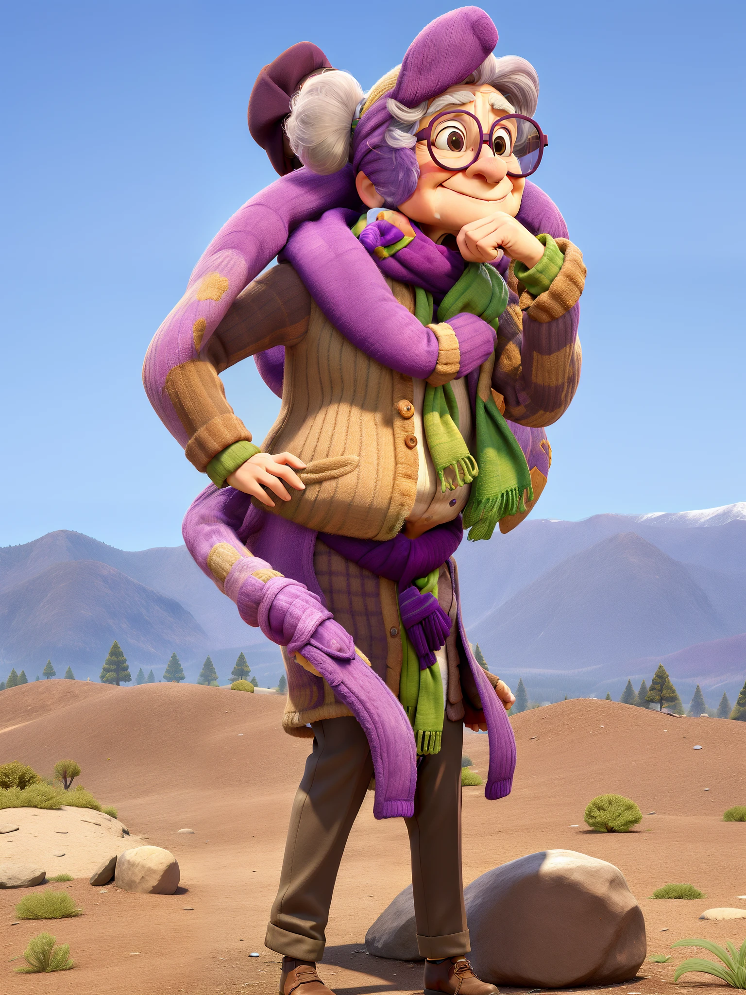 masterpiece, best quality, an old woman with glasses and a scarf on, wearing a purple coat and green scarf, standing at the park