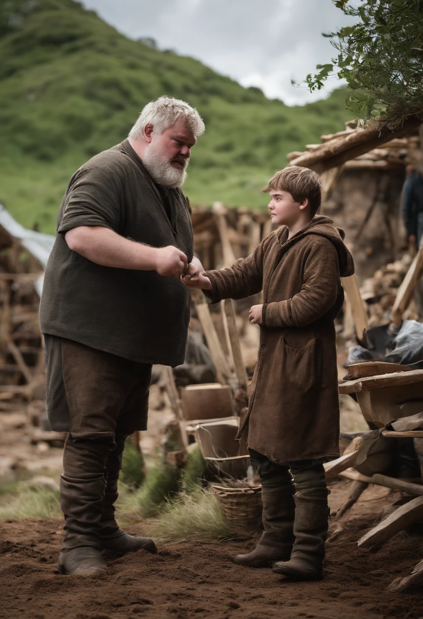 A photo of Hodor and Bran Stark helping villagers rebuild their homes after a devastating storm,Game of Thrones,Hodor, a beloved character from “Game of Thrones,” is notable for his towering height and robust build, giving him a gentle giant appearance. He has a simple, kind face, often marked by a look of confusion or contentment, and his clothing is typically plain and functional, suited to his role as a stable boy.