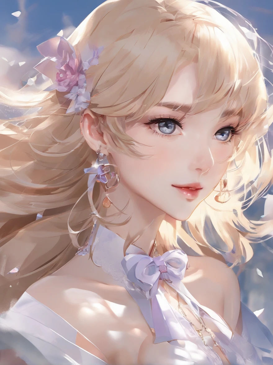 (Best quality at best,4K,8K,A high resolution,tmasterpiece:1.2),ultra - detailed,(actual,realisticlying,Photorealistic:1.37),美丽细致的眼睛,beautiful detailed lips,Extremely detailed eyes and face,Blonde girl with bow tie,vague background,gentlesoftlighting,sportrait,vivd colour,Hair Fluttering in the Wind,Beauty,a sharp gaze,subtle smiling,artistation render,middling:oil.