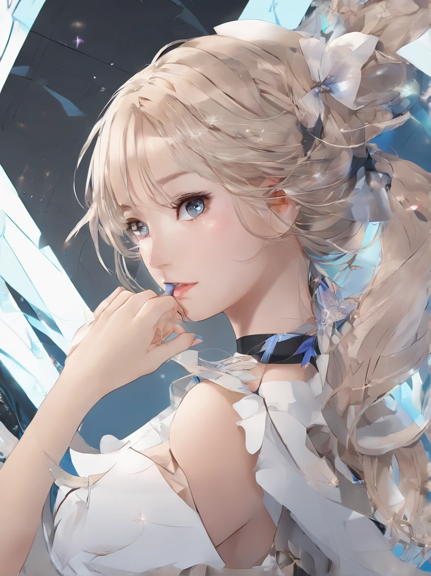 (Best quality at best,4K,8K,A high resolution,tmasterpiece:1.2),ultra - detailed,(actual,realisticlying,Photorealistic:1.37),美丽细致的眼睛,beautiful detailed lips,Extremely detailed eyes and face,Blonde girl with bow tie,vague background,gentlesoftlighting,sportrait,vivd colour,Hair Fluttering in the Wind,Beauty,a sharp gaze,subtle smiling,artistation render,middling:oil.