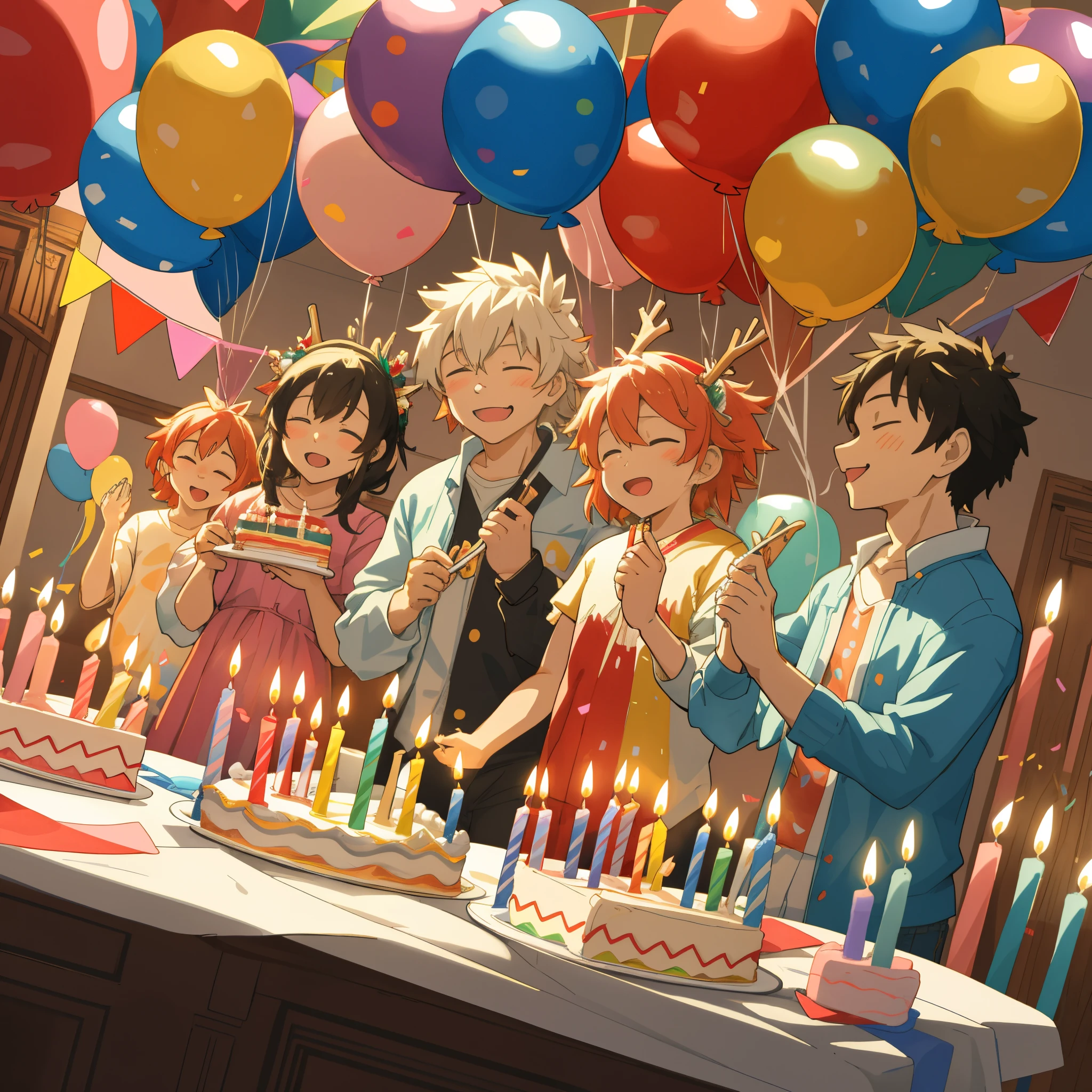 cover page, anime key visual, highres, top quality, best quality, paid reward available, High-quality illustrations, unparalleled masterpiece, perfect artwork, absurdres(A family at a birthday party, child blowing out candles on a birthday cake)(room decorated with balloons and streamers, festive and colorful atmosphere)(kemono parents of diverse descents smiling and clapping)perfect anatomy, cake with candles and colorful icing, joyful and celebratory mood, special family moment, fan-created work shared on platforms Pixiv or Twitter, cinematic lighting, dynamic angle,