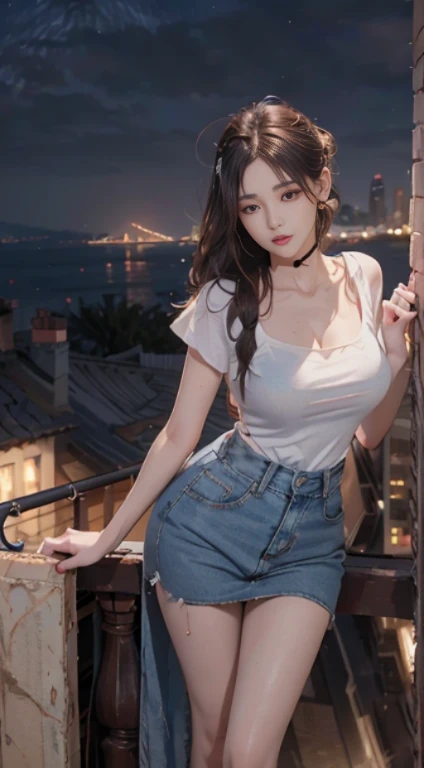 ((Midnight, Best quality, 8k, Masterpiece :1.3)), Whole body, Long legs, Sharp focus :1.2, A pretty woman with perfect figure :1.4, Slender abs :1.1, ((Dark brown hair, Big breasts :1.2)), (White tight tshirt, Jean bib, Standing:1.2), ((Night city view, Rooftop:1.3)), Highly detailed face and skin texture, Detailed eyes, Double eyelid