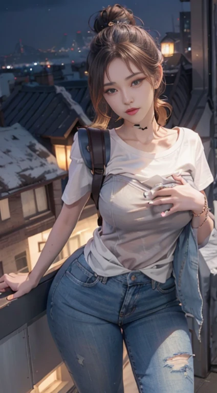 ((Midnight, Best quality, 8k, Masterpiece :1.3)), Whole body, Long legs, Sharp focus :1.2, A pretty woman with perfect figure :1.4, Slender abs :1.1, ((Dark brown hair, Big breasts :1.2)), (White tight tshirt, Jean bib, Standing:1.2), ((Night city view, Rooftop:1.3)), Highly detailed face and skin texture, Detailed eyes, Double eyelid