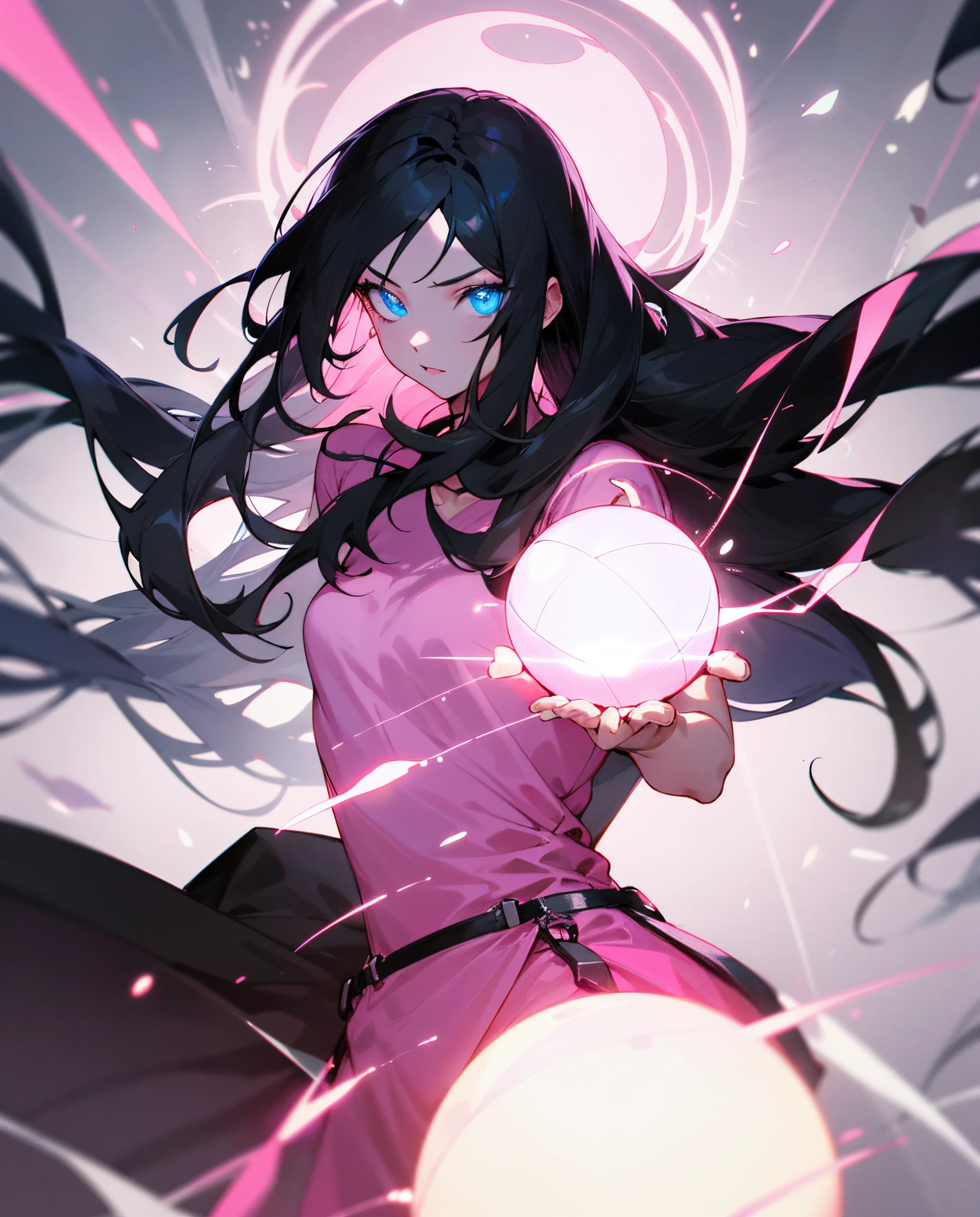 A girl with long black hair and a pair of blue eyes wearing a pink colored clothes while holding a glowing ball of light