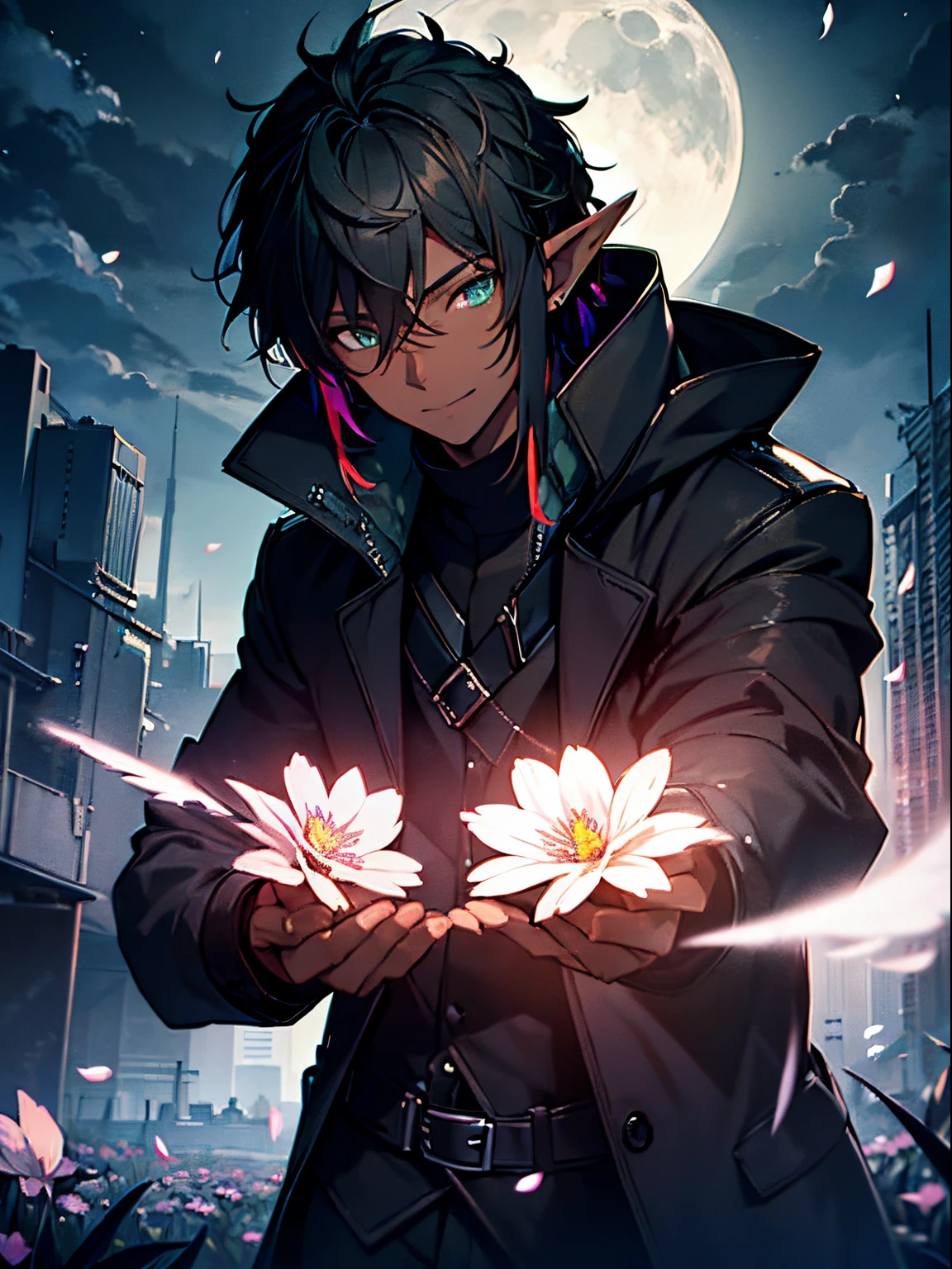 masterpiece, best quality, ((1boy)), (colorful),(finely detailed beautiful eyes and detailed face),cinematic lighting,bust shot,extremely detailed CG unity 8k wallpaper,white hair,solo,smile,intricate skirt,((flying petal)),(Flowery meadow) sky, cloudy_sky, building, moonlight, moon, night, (dark theme:1.3), light, fantasy, ((Dark Skin)) ((green Eyes)) ((Elf Ears)) (((Black Overcoat))) (((Black Hair))) ((Black Fox Tail))