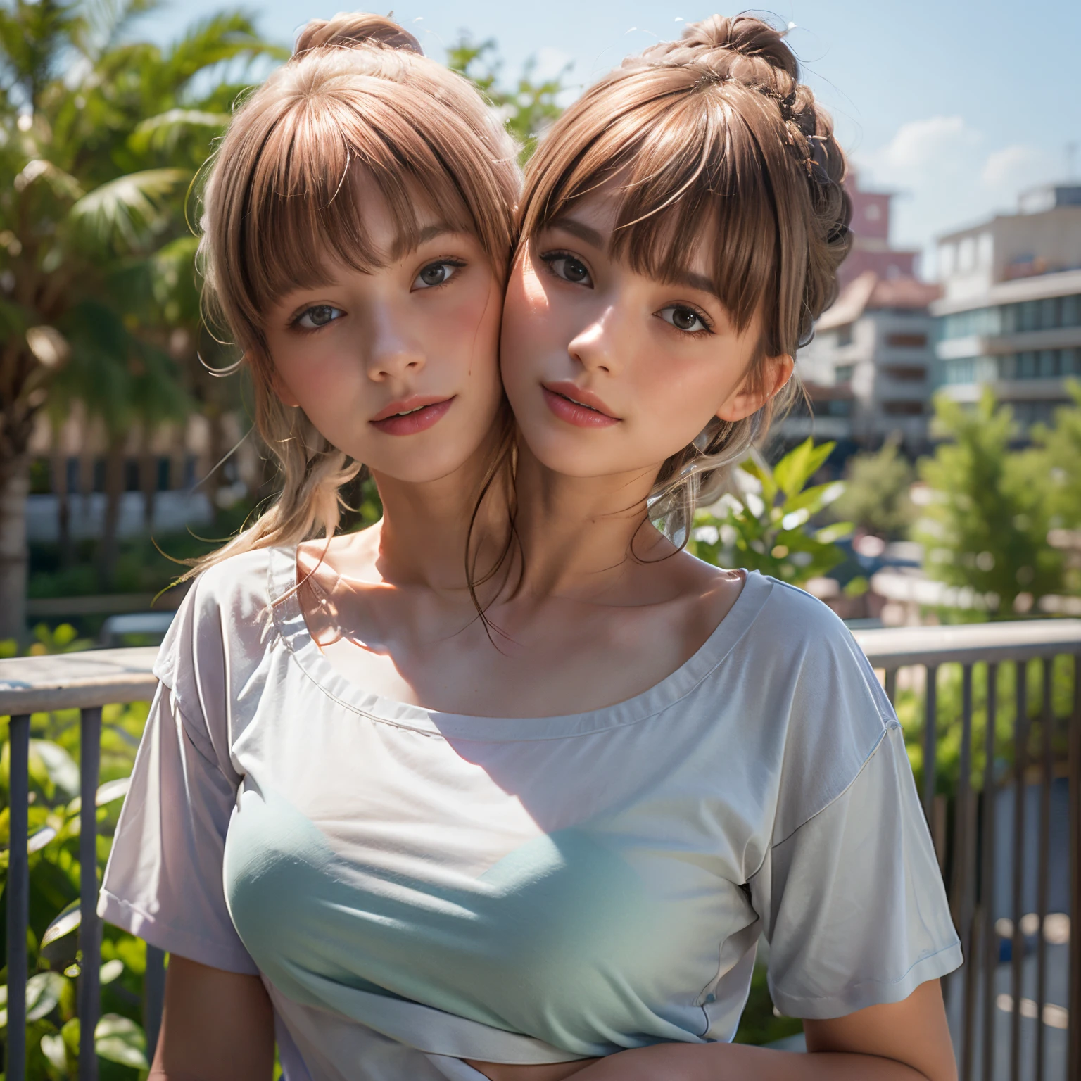 (best quality, 2heads, european girl with two head kissing girl on cheek, different hair bangs, tied hair, half color t-shirt,park background,)