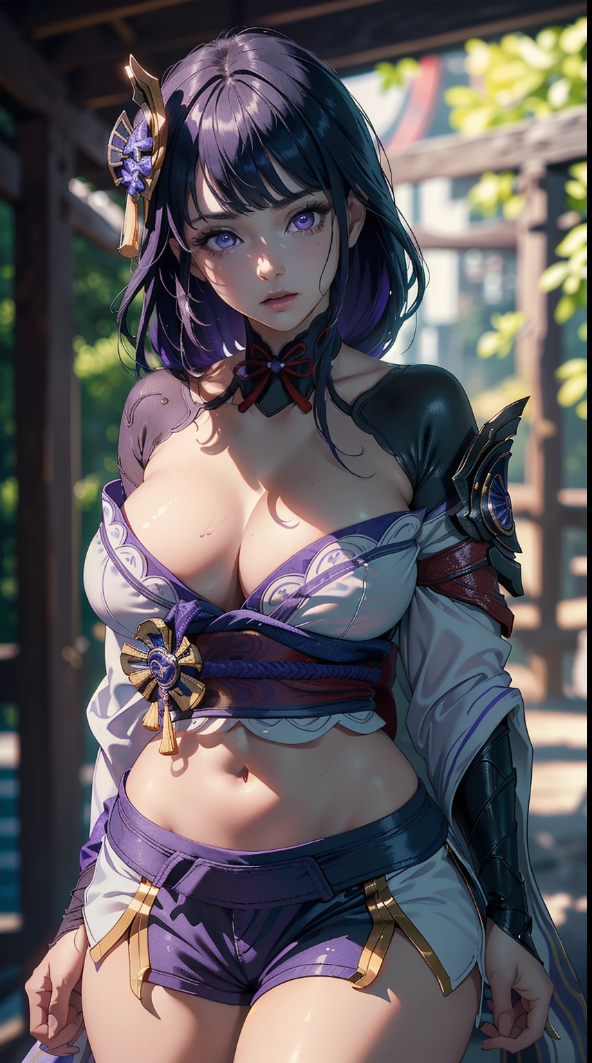 ((4k)),((masterpiece)),(best quality),((ultra detailed)), ((beautiful blurry background)), ((cinematic lighting)), depth of field, (dynamic angle),((beautiful detailed eyes), ((dynamic pose)), pretty face, large boobs, ((sexy)), ((white bandeau, shorts, navel)),((raidenshogunrnd))